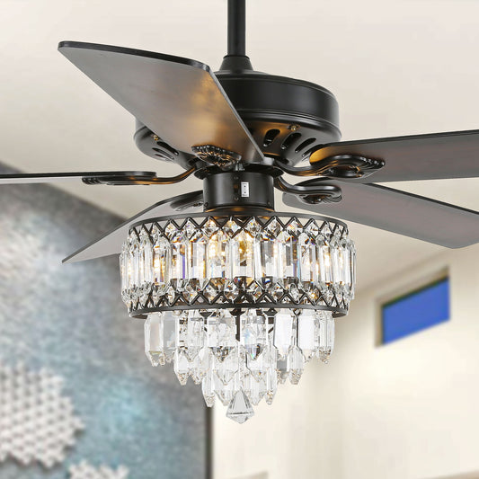 DC2044-B/C-BellaDepot 52" Black/Chrome Luxury Crystal Reversible Ceiling Fan with Remote and 3 Lights, Large Size Ceiling Fan for All Seasons