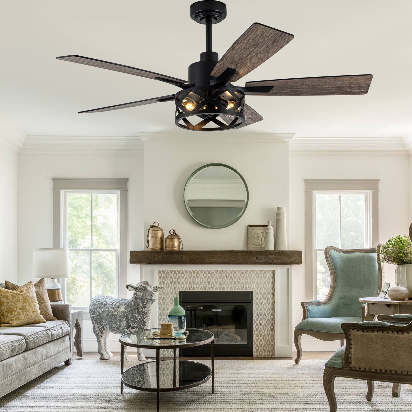 MD-FS8962XL-BellaDepot 52" Industrial Wood Grain Caged Ceiling Fan with Remote and Reversible Blades, Large Size 6-speed Ceiling Fan with Lights