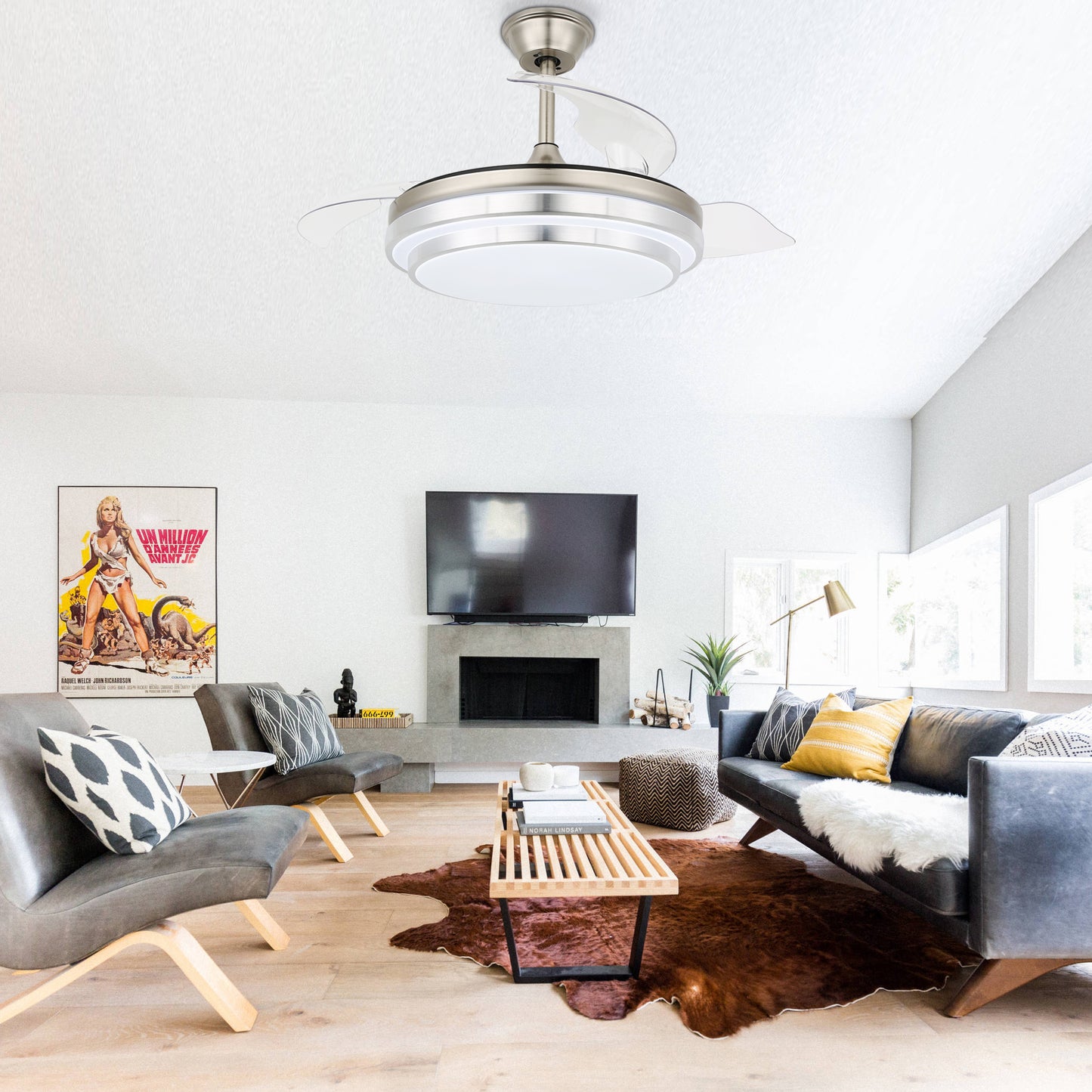 DC4204-42" Modern Urban Brushed Nickel Retractable Ceiling Fan with Remote and LED Light Kit Included, 6 Speeds Reversible Ceiling Fan