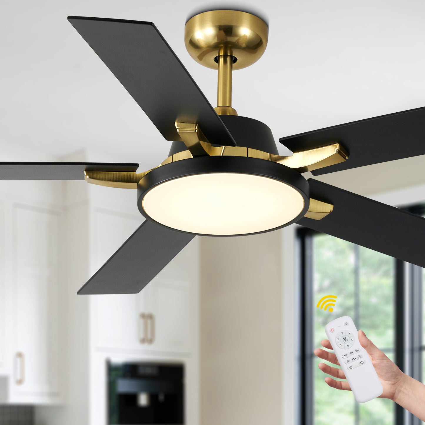 HWJ5220/5221/5222-52" 5 Wooden Blades Industrial Caged Reversible Ceiling Fan with Remote and LED Lights, Large Size 6-speed Ceiling Fan