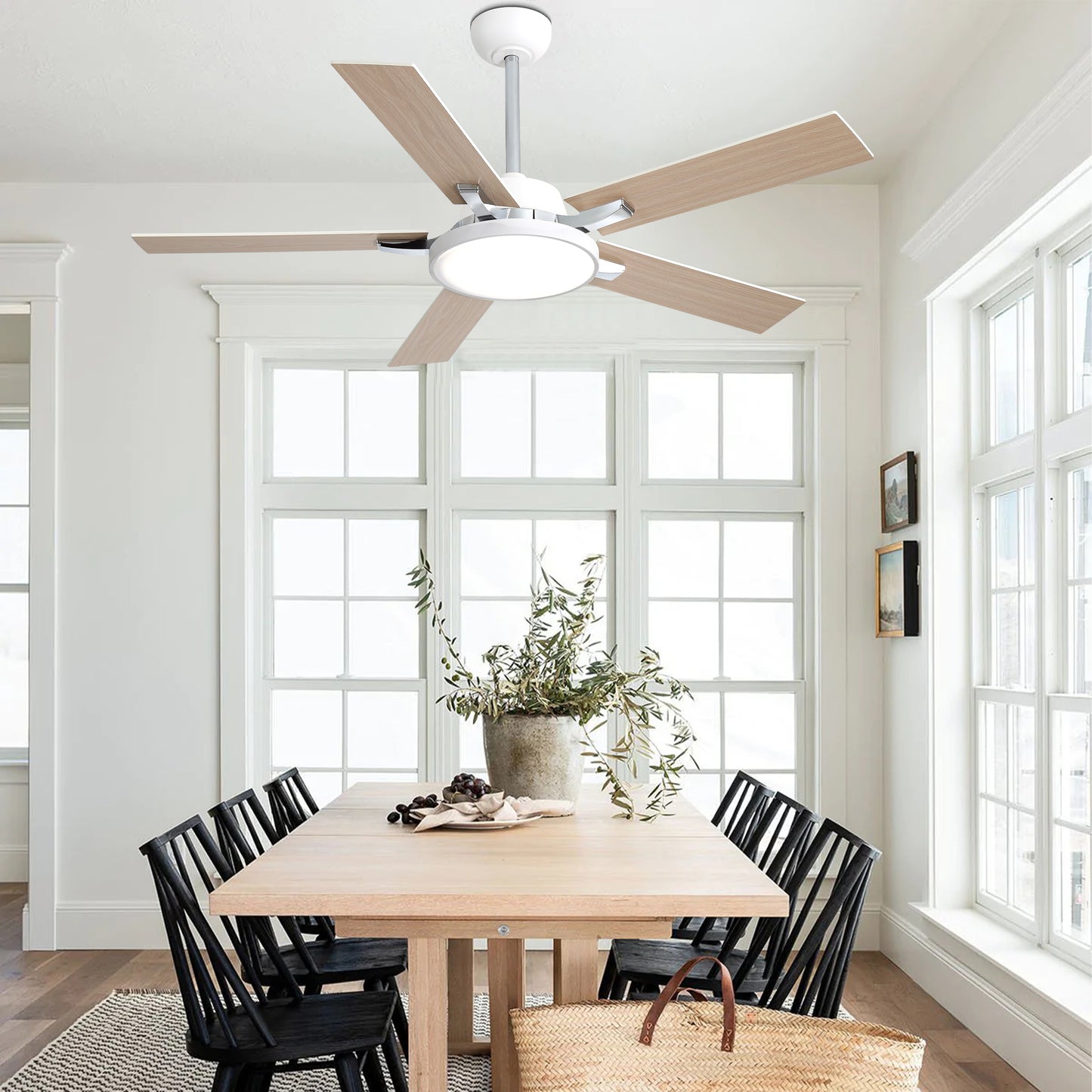 HWJ5220/5221/5222-52" 5 Wooden Blades Industrial Caged Reversible Ceiling Fan with Remote and LED Lights, Large Size 6-speed Ceiling Fan