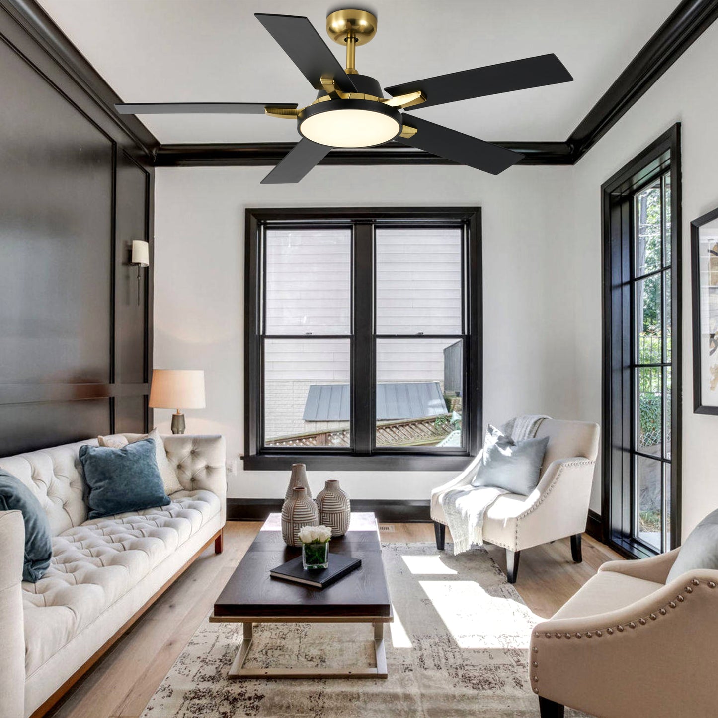 HWJ5220/5221/5222-52" 5 Wooden Blades Industrial Caged Reversible Ceiling Fan with Remote and LED Lights, Large Size 6-speed Ceiling Fan