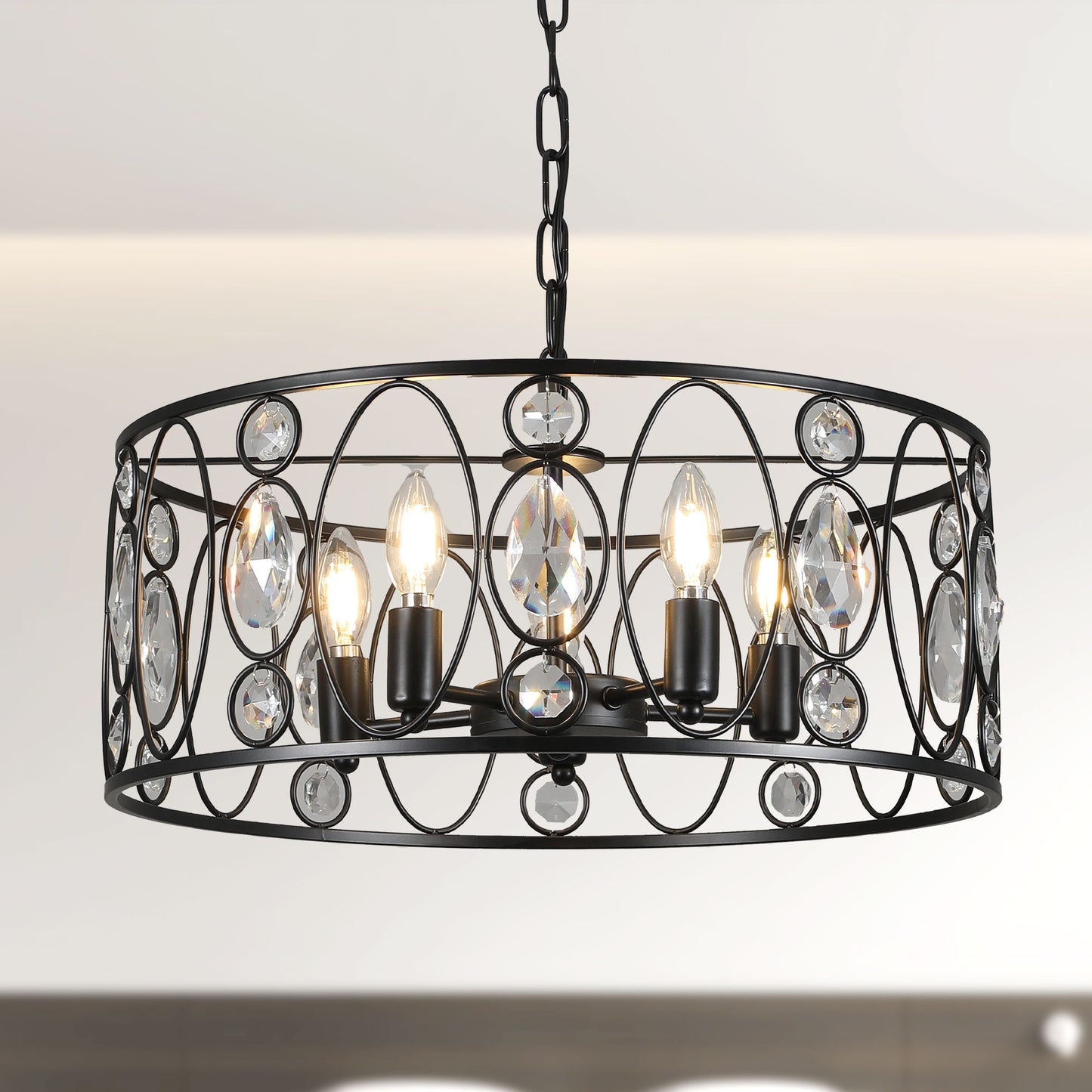 FC4086-5 Lights Black/Silver Finish Glamorous Crystal Geometric Chandelier, Height Adjustable Iron Pendant Light