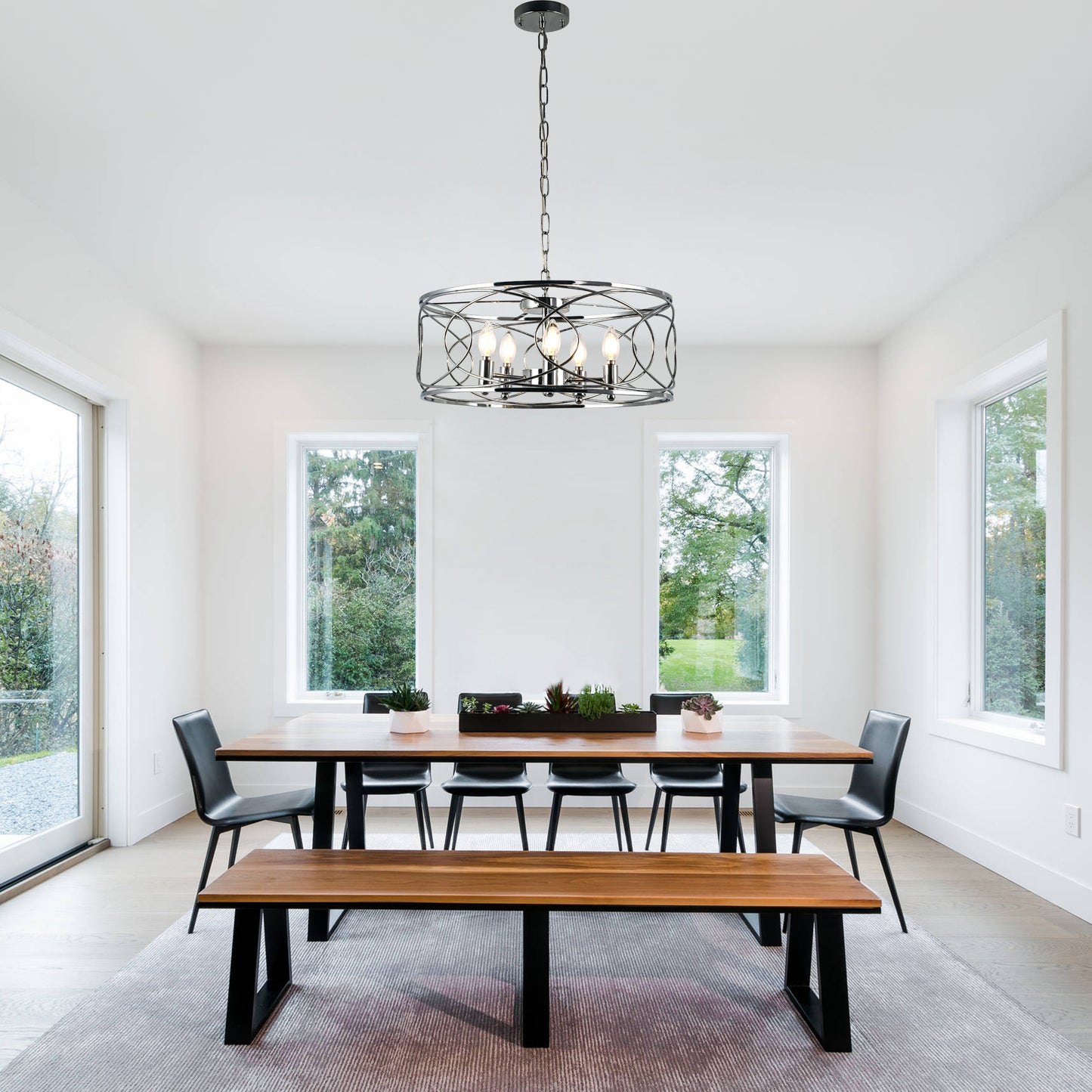 FC4078-5 Lights Black/Silver Finish Simple Linear Metal Caged Chandelier, Geometric Pendant Light with and Adjustable Chain