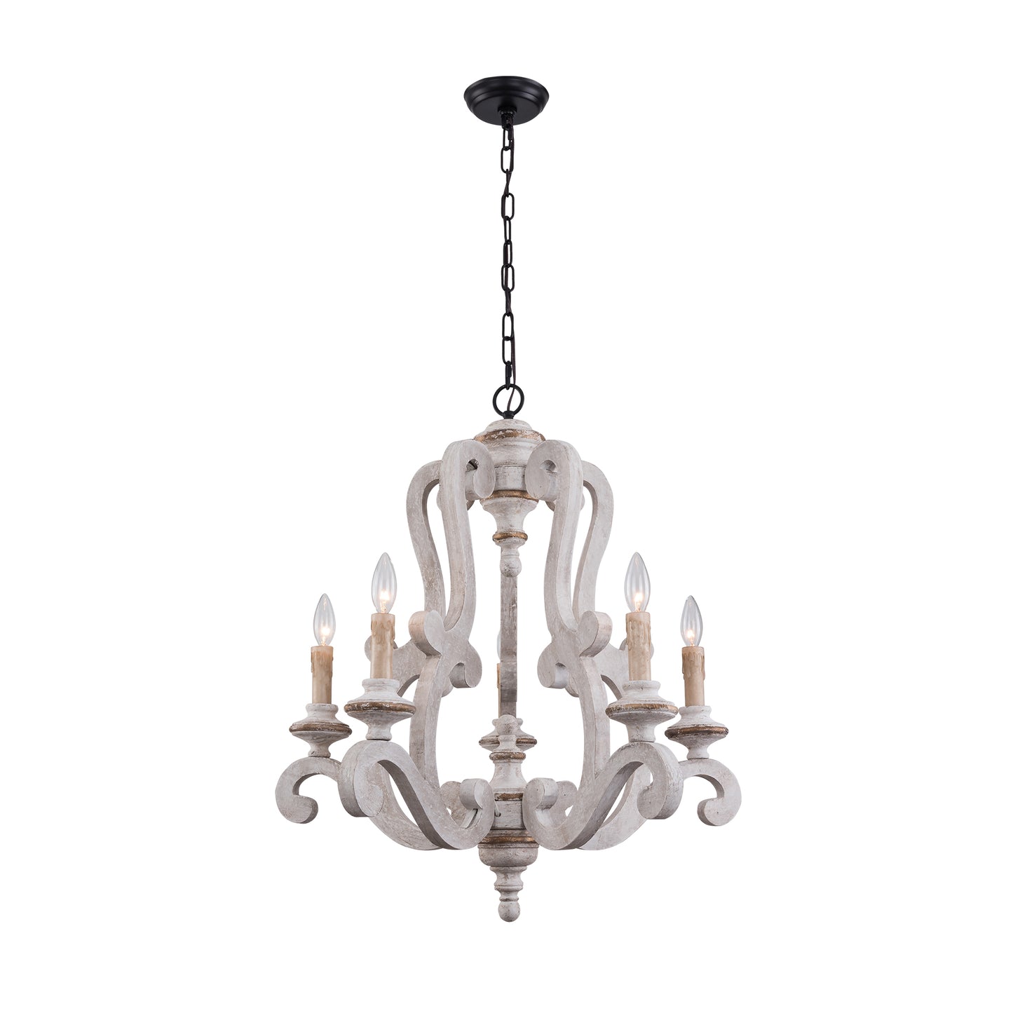 FC4004-H/W-BellaDepot 5 Lights 25" Distressed Wood/Distressed White Vintage Wood Chandelier, Height Adjustable Pendant Light