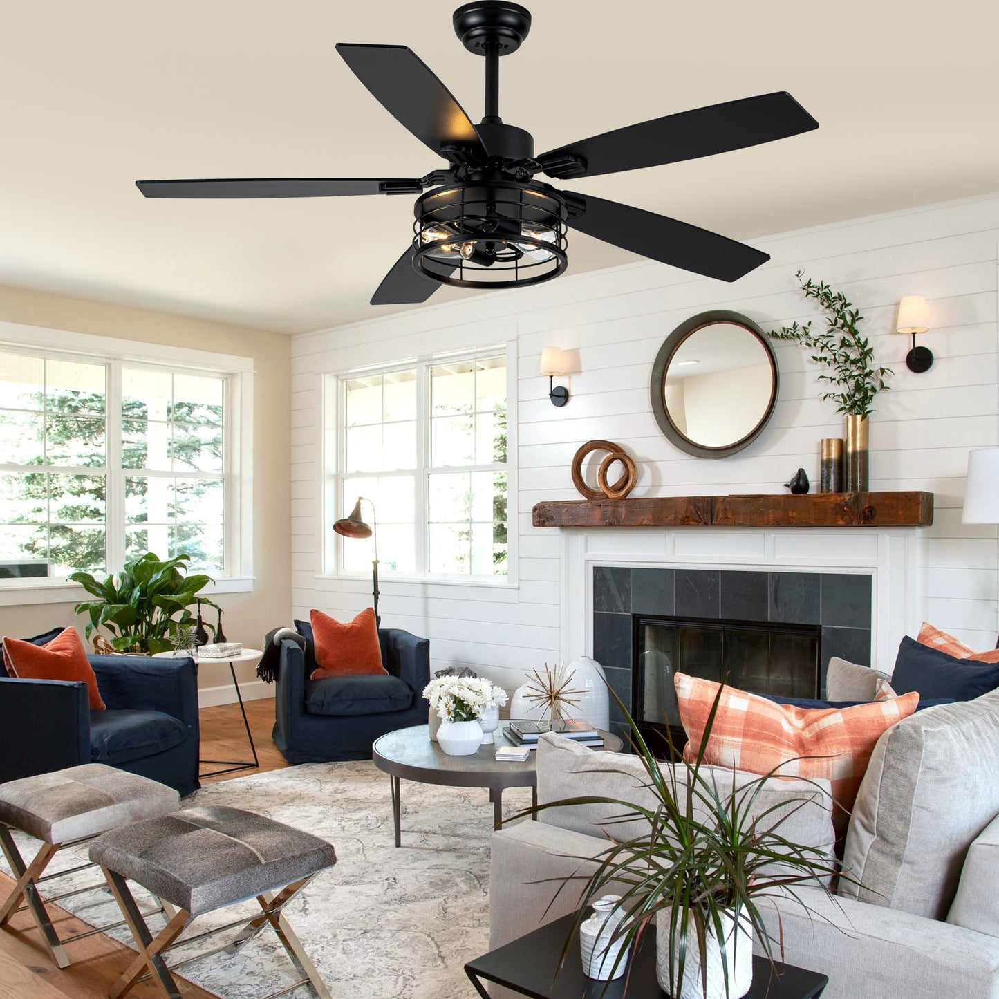 MD-FS8930XL-BellaDepot 52" Industrial Metal Caged Fan Lights with Remote Control, Silent DC Motor Ceiling Fan for Any Seasons