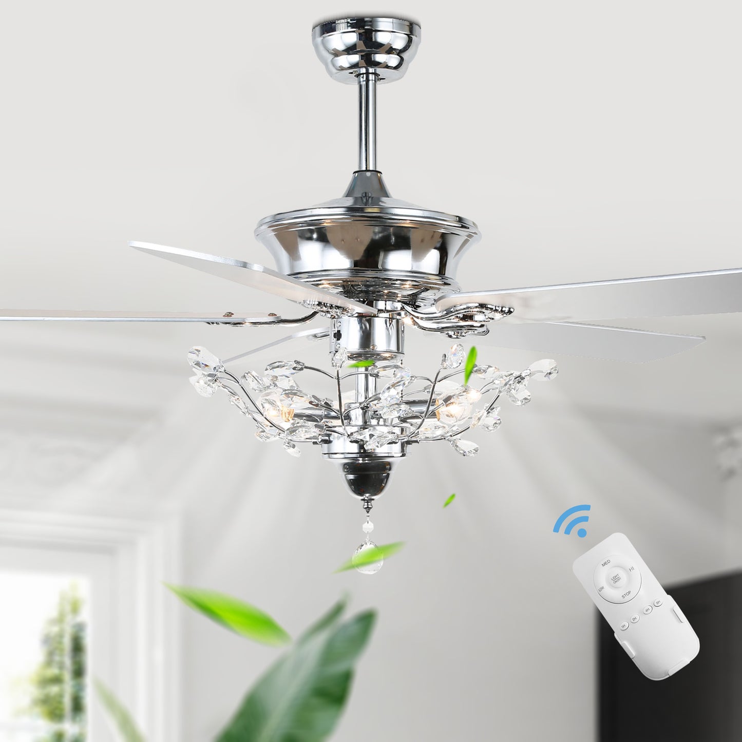 BD2014-52" Black/Chrome Finish Luxury Crystal Reversible Ceiling Fan with Remote and 3 Lights