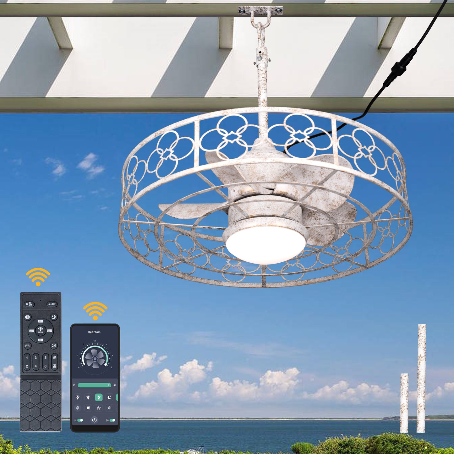 HW2036-BellaDepot 23.6" Distressed White Outdoor Ceiling Fan with Remote and LED Lights, DC Motor 6 Speeds Ceiling Fan