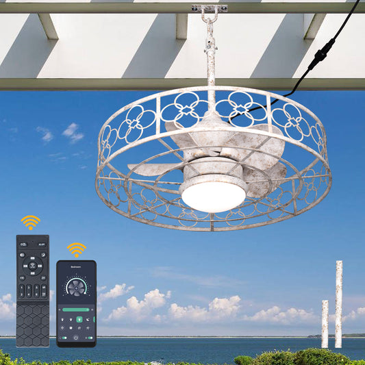 HW2036-BellaDepot 23.6" Distressed White Outdoor Ceiling Fan with Remote and LED Lights, DC Motor 6 Speeds Ceiling Fan