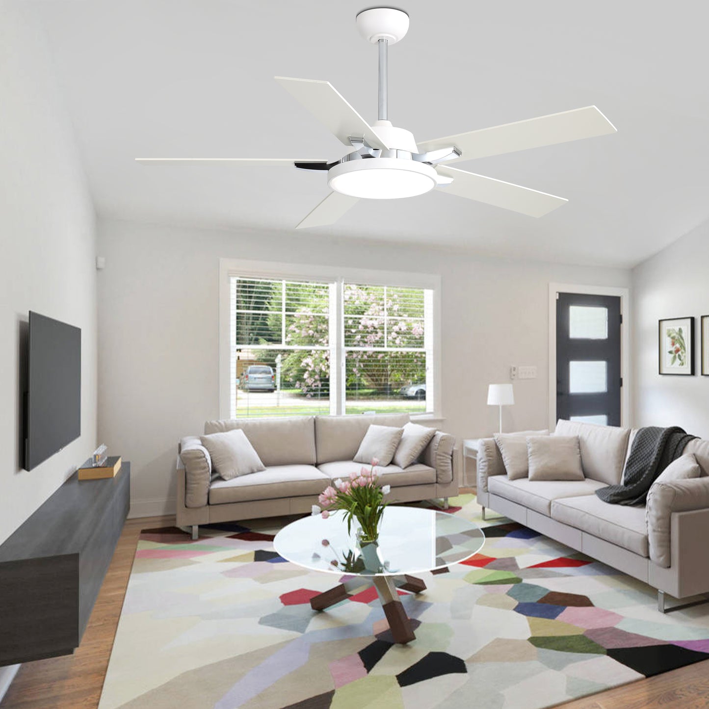 HWJ5220/5221/5222-52" 5 Wooden Blades Industrial Caged Reversible Ceiling Fan with Remote and LED Lights, Large Size 6-speed Ceiling Fan