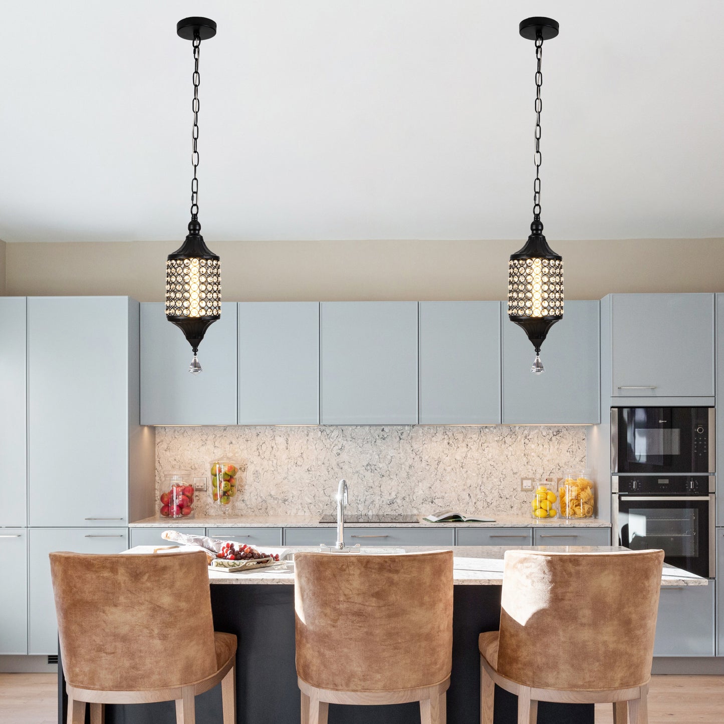 FC4075-LED Glamorous Luxury Crystal Geometric Chandelier, Height Adjustable Pendant Light