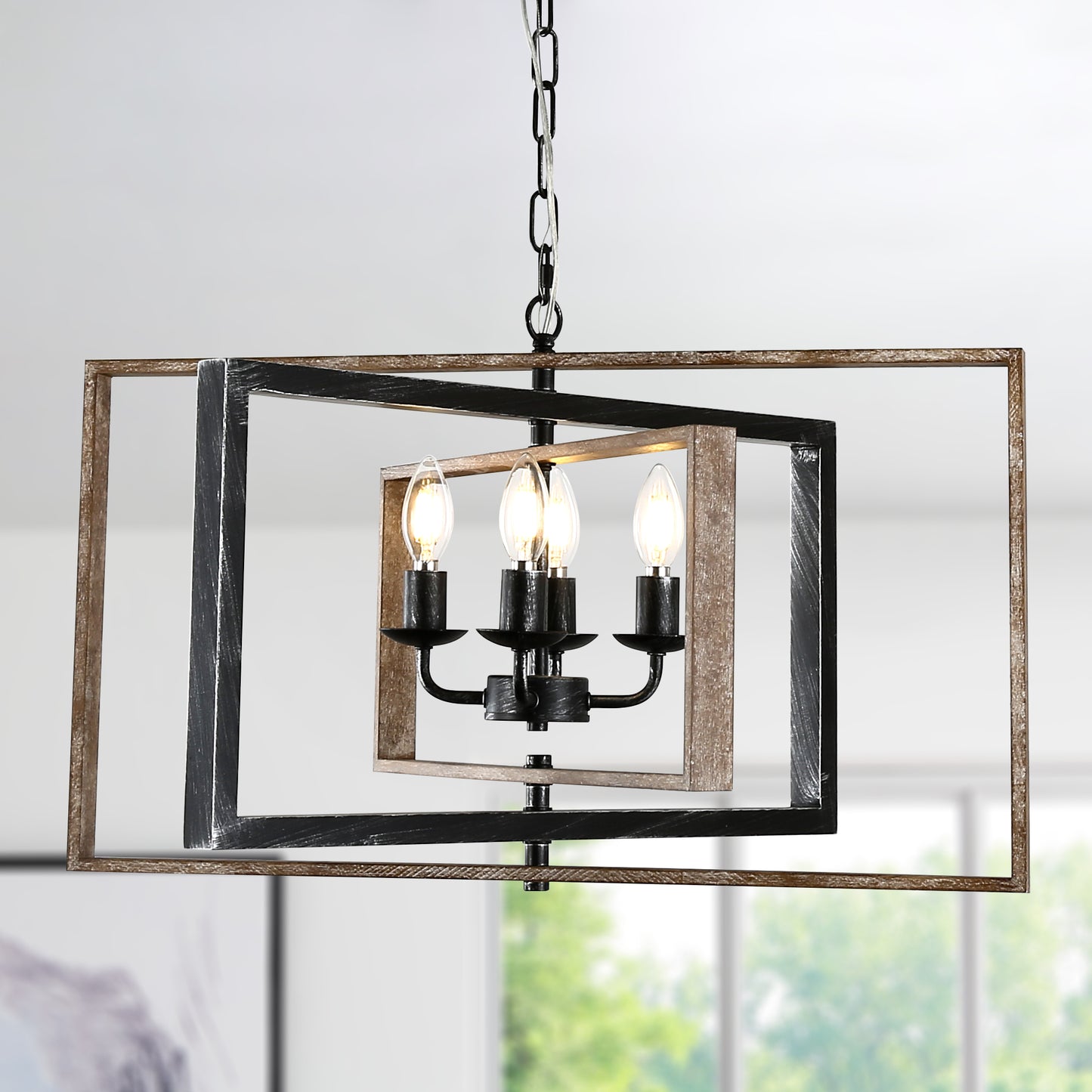 FC4114-4 Lights Geometric Wood Chandelier, Height Adjustable Home Decoration Pendant Light