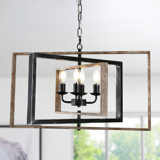 FC4114-BellaDepot 4 Lights Geometric Wood Chandelier, Height Adjustable Home Decoration Pendant Light