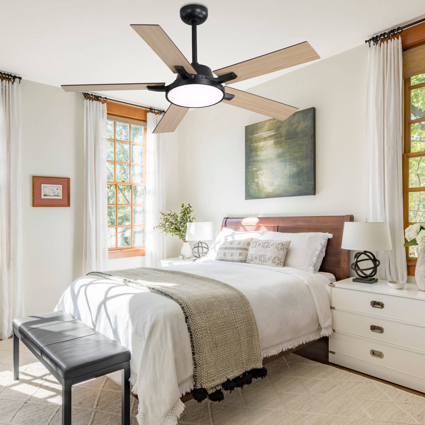 HWJ5220/5221/5222-52" 5 Wooden Blades Industrial Caged Reversible Ceiling Fan with Remote and LED Lights, Large Size 6-speed Ceiling Fan