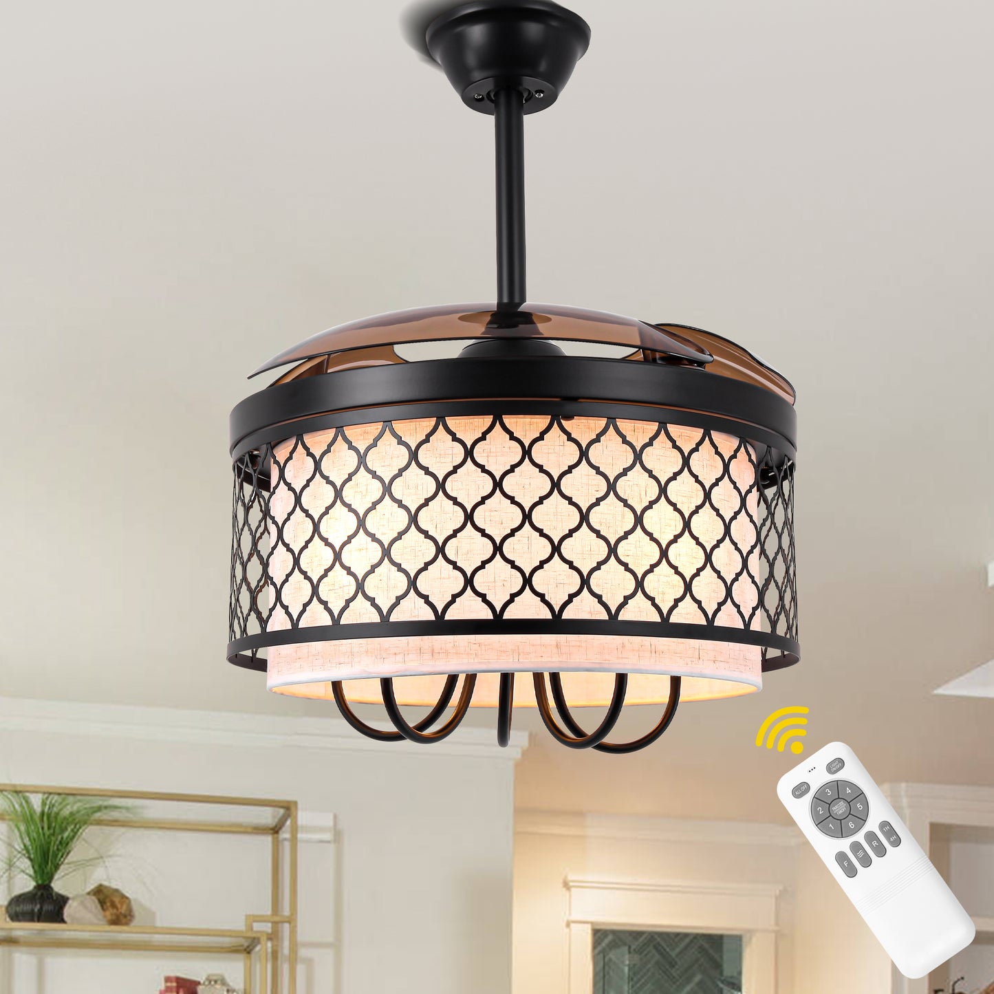 DC4271-B-BellaDepot 42" Vintage Chandelier Fan with Fabric and Metal Decor, Caged Ceiling Fan with Remote Control and Lights