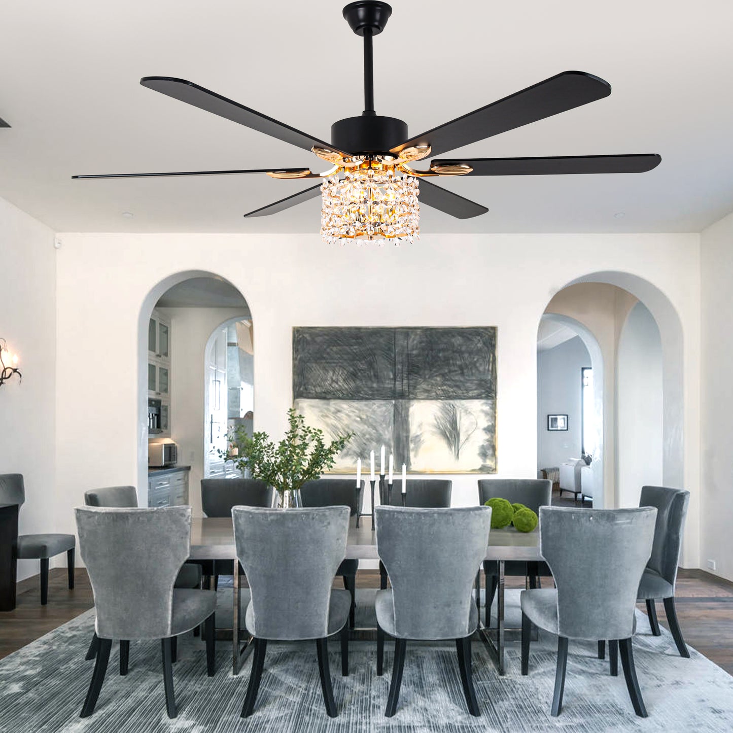 BellaDepot 65" Luxury Crystal Shape Flower Caged Ceiling Fan with Remote Control and 3 Lights, Black or Silver Silent Straight Leaf Fan for All Seasons - DC6510-B/C