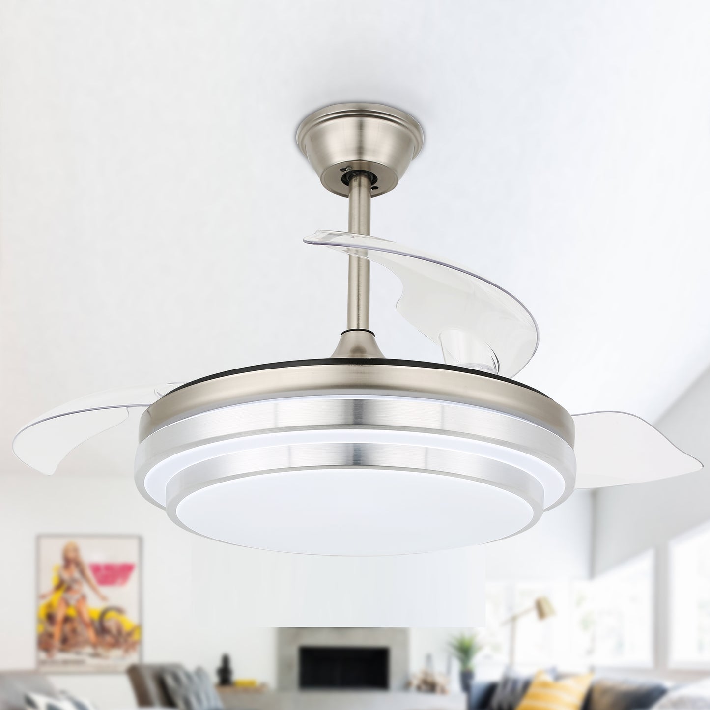 DC4204-42" Modern Urban Brushed Nickel Retractable Ceiling Fan with Remote and LED Light Kit Included, 6 Speeds Reversible Ceiling Fan