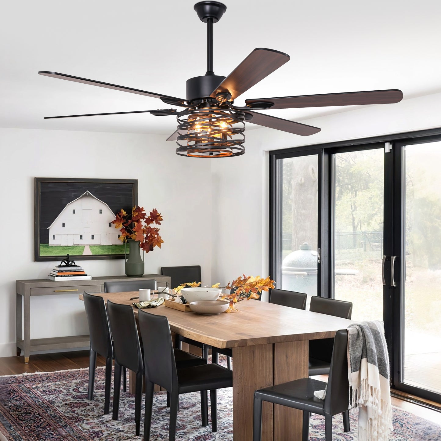BellaDepot 65" Farmhouse Industrial Brown Large Size Ceiling Fan with Remote Control, Silent Motor 6 Speeds Straight Leaf Fan with 3 Lights - DC6507