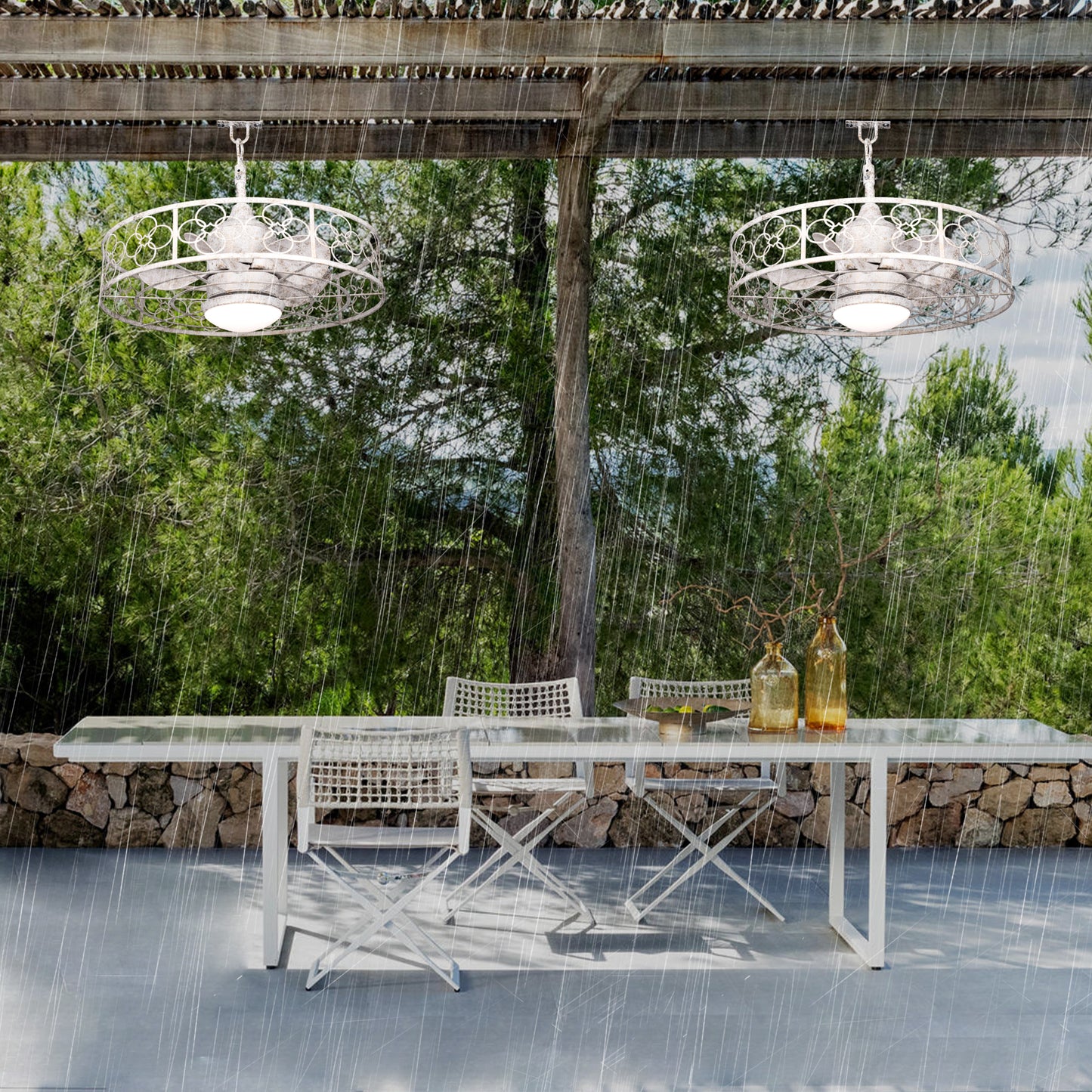 HW2036-BellaDepot 23.6" Distressed White Outdoor Ceiling Fan with Remote and LED Lights, DC Motor 6 Speeds Ceiling Fan