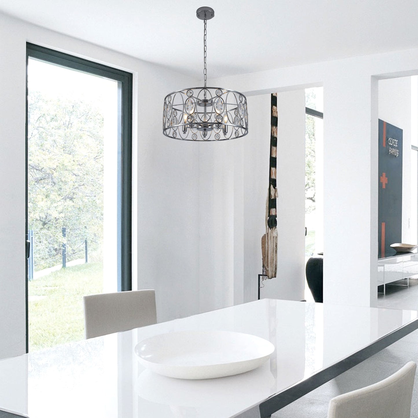 FC4086-5 Lights Black/Silver Finish Glamorous Crystal Geometric Chandelier, Height Adjustable Iron Pendant Light