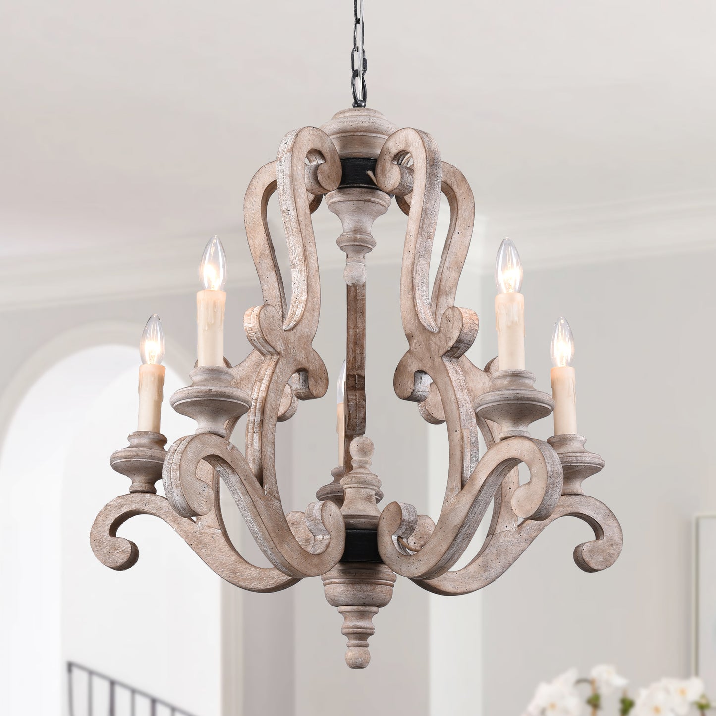 FC4004-H/W-BellaDepot 5 Lights 25" Distressed Wood/Distressed White Vintage Wood Chandelier, Height Adjustable Pendant Light