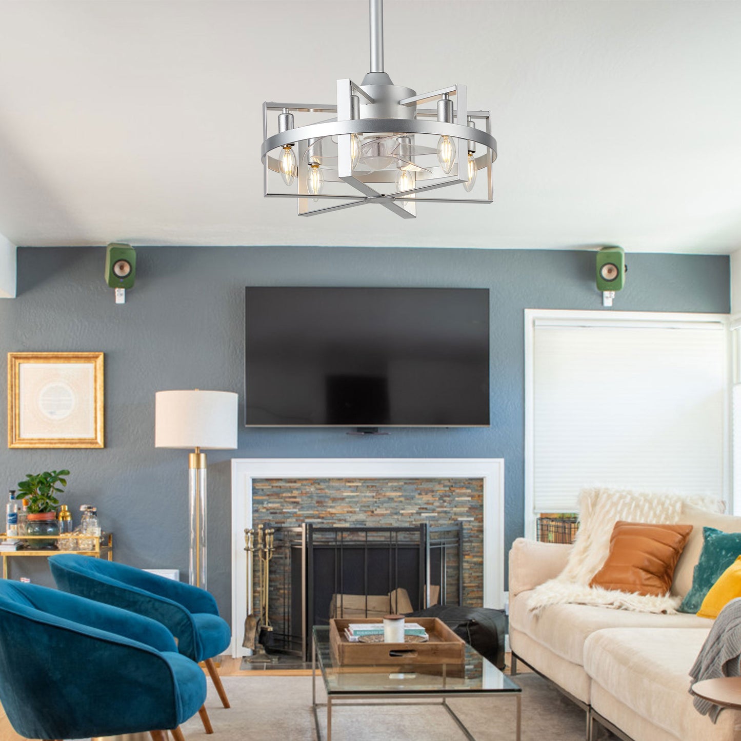 DC1816-BellaDepot 17.7" Black/Silver Industrial Caged Reversible Ceiling Fan with Remote and Lights, DC Motor Ceiling Fan