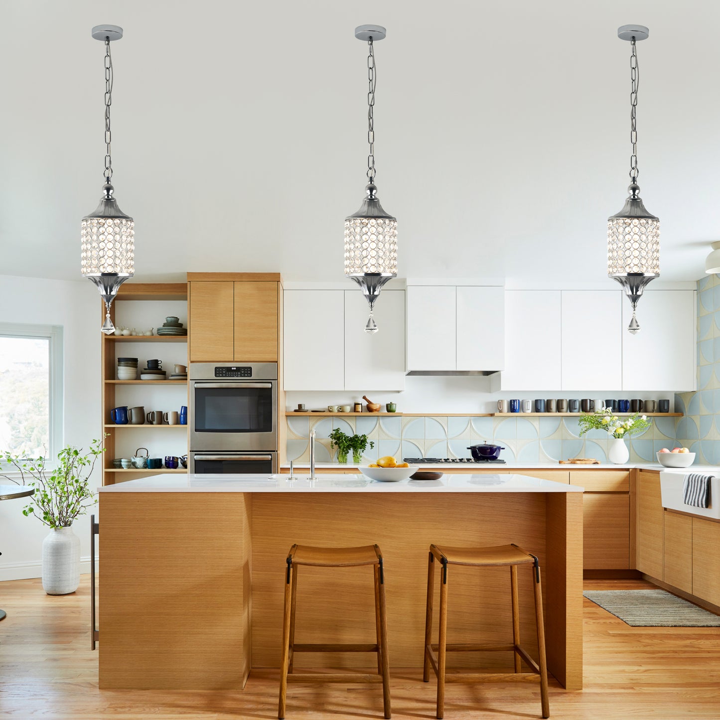 FC4075-LED Glamorous Luxury Crystal Geometric Chandelier, Height Adjustable Pendant Light