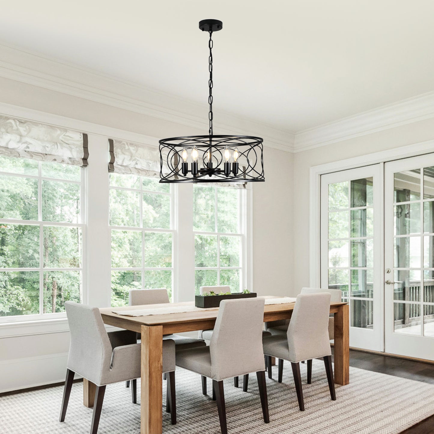FC4078-5 Lights Black/Silver Finish Simple Linear Metal Caged Chandelier, Geometric Pendant Light with and Adjustable Chain