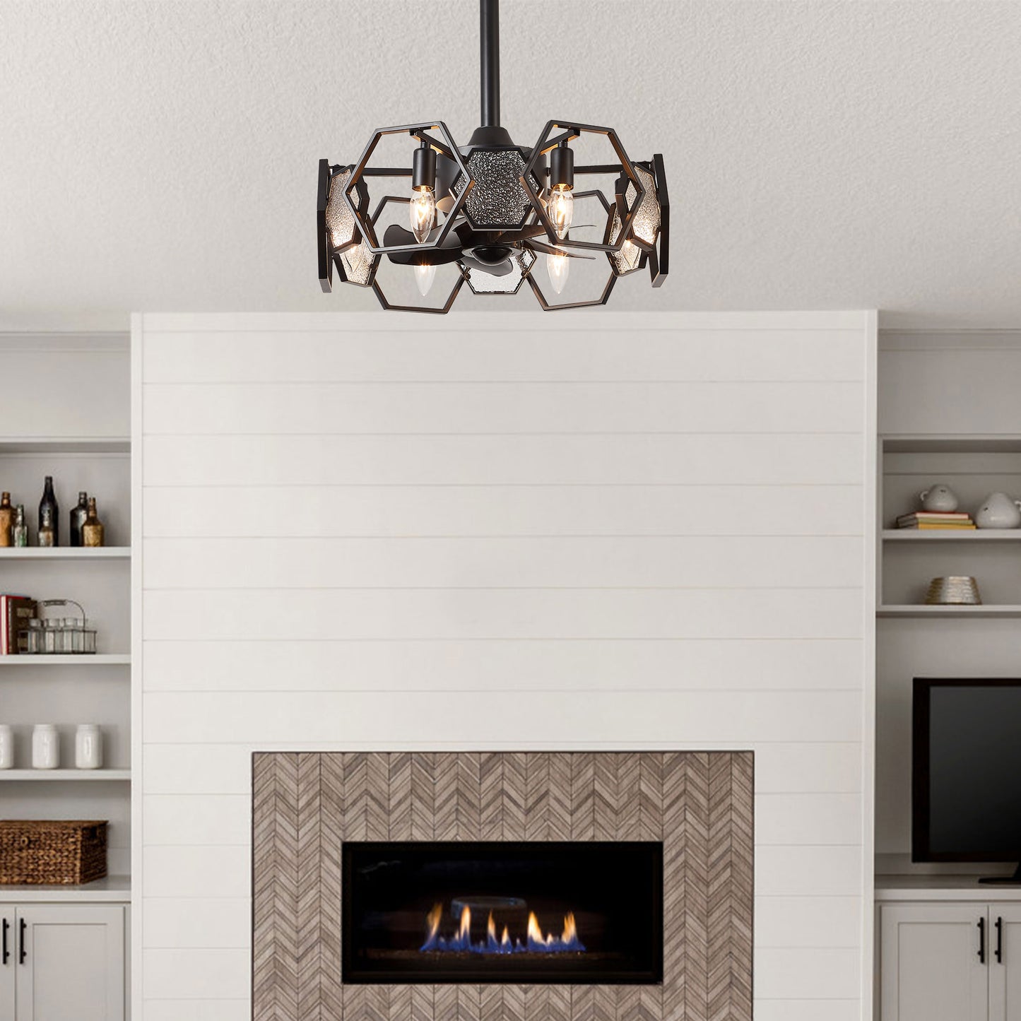 DC1903-BellaDepot 18.9" Gold/Black/Silver Finish Geometric Reversible Ceiling Fan with 6 Lights and Remote