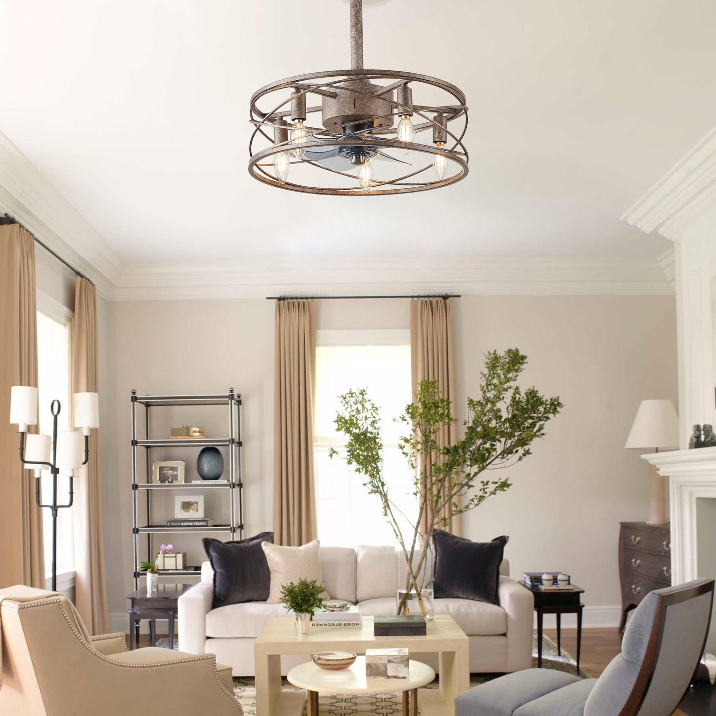 GED001-BellaDepot 18" Distressed Retro Reversible Caged Ceiling Fan with Remote and 5 Lights