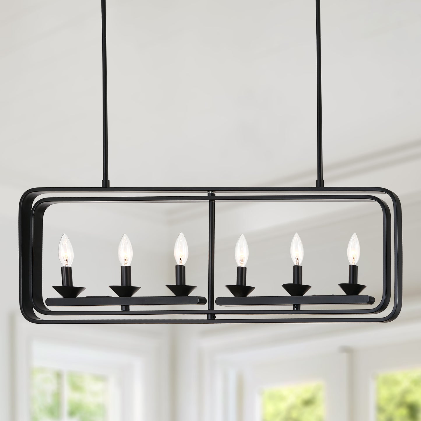FC4110-6 Lights Geometric Wood Chandelier, Height Adjustable Home Decoration Pendant Light