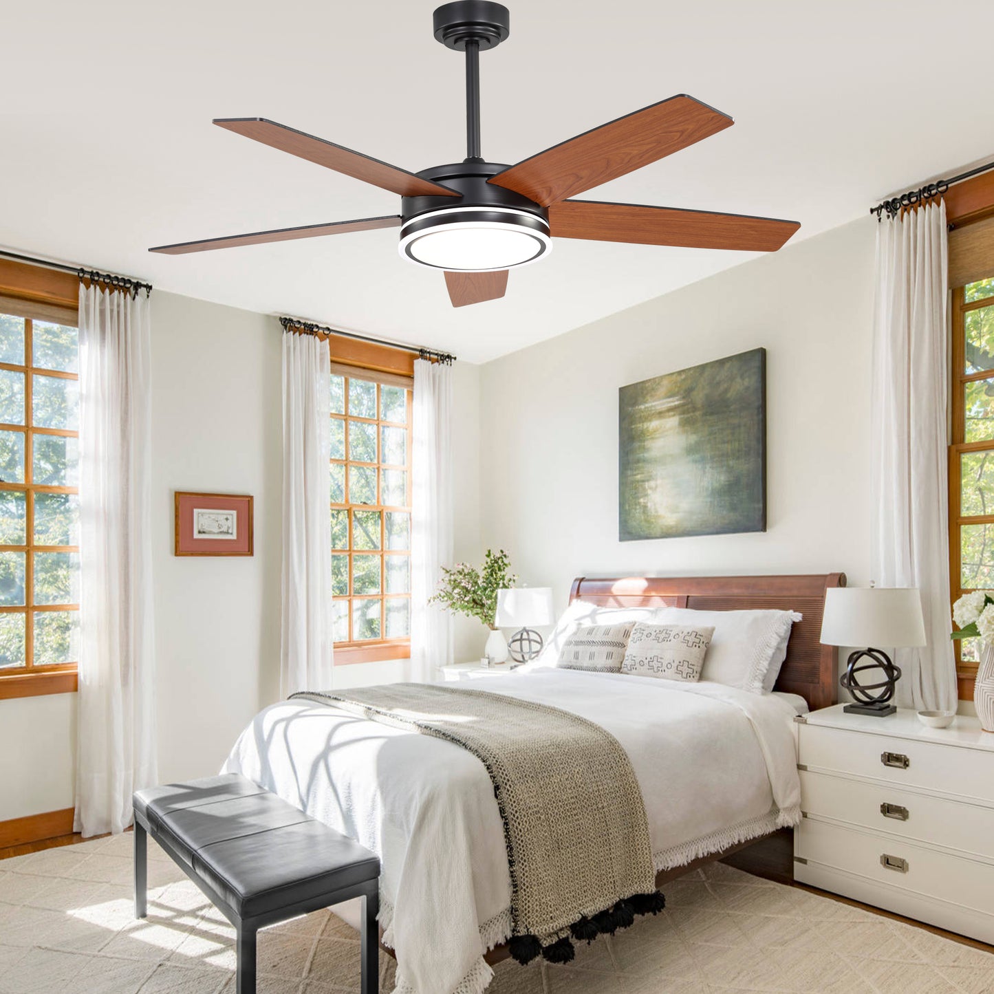 BellaDepot 52" Modern Contemporary Black or Chrome LED Ceiling Fan with Remote Control and Lights, Reversible 6 Speeds Ceiling Fan for All Seasons - DC5225-B/C