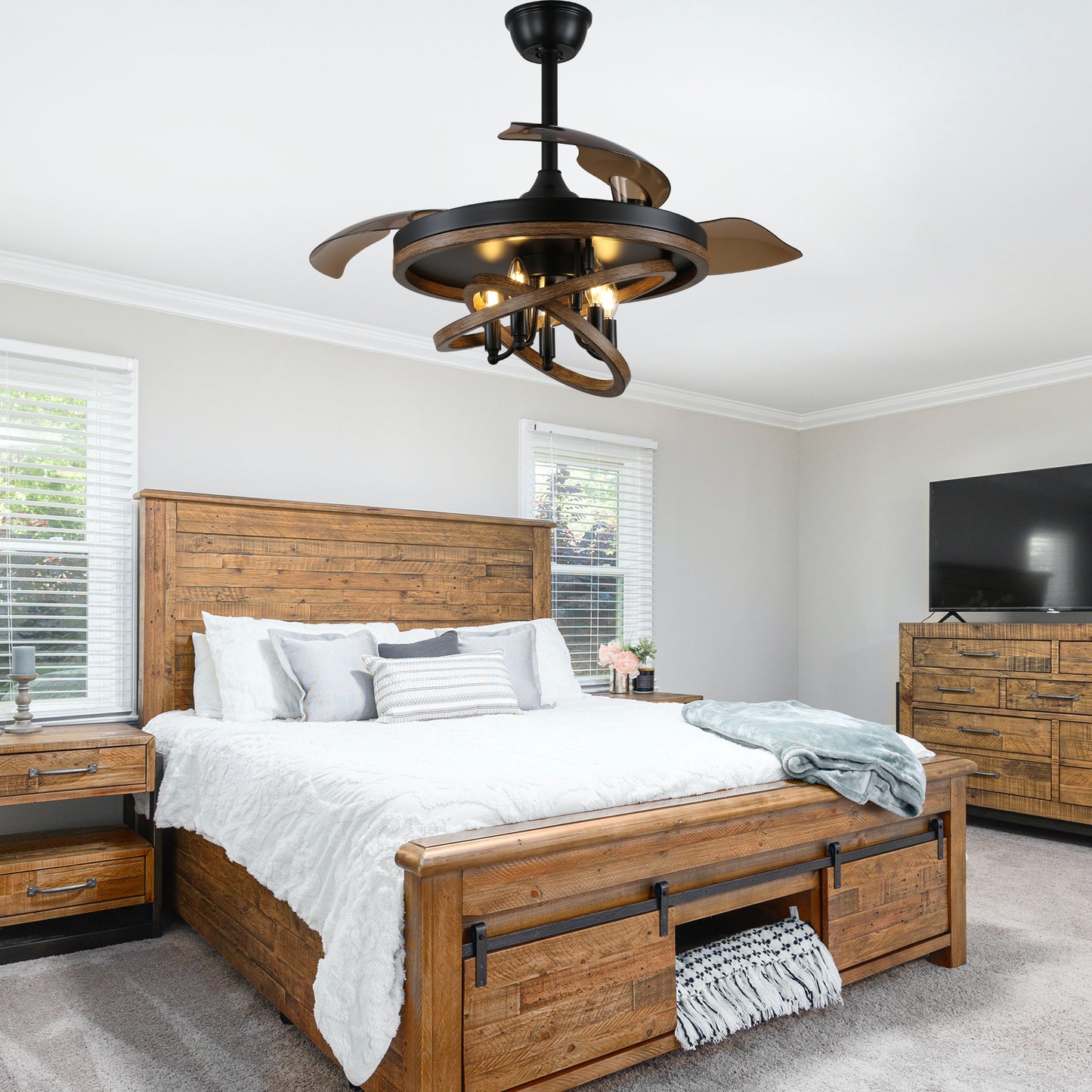 BellaDepot 42" Farmhouse Industrial Brown Retractable Ceiling Fan with Remote Control, Invisible Blades Ceiling Fan with Lights - DC4266