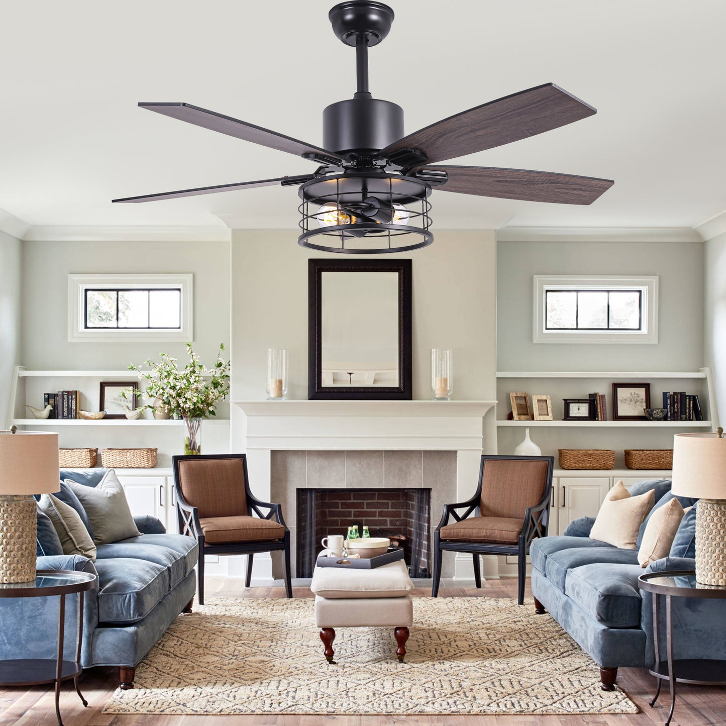 DC254601-BellaDepot 46" Industrial Matte Black Ceiling Fan, Reversible 6-speed Fan with Lights, Remote-controlled Fan