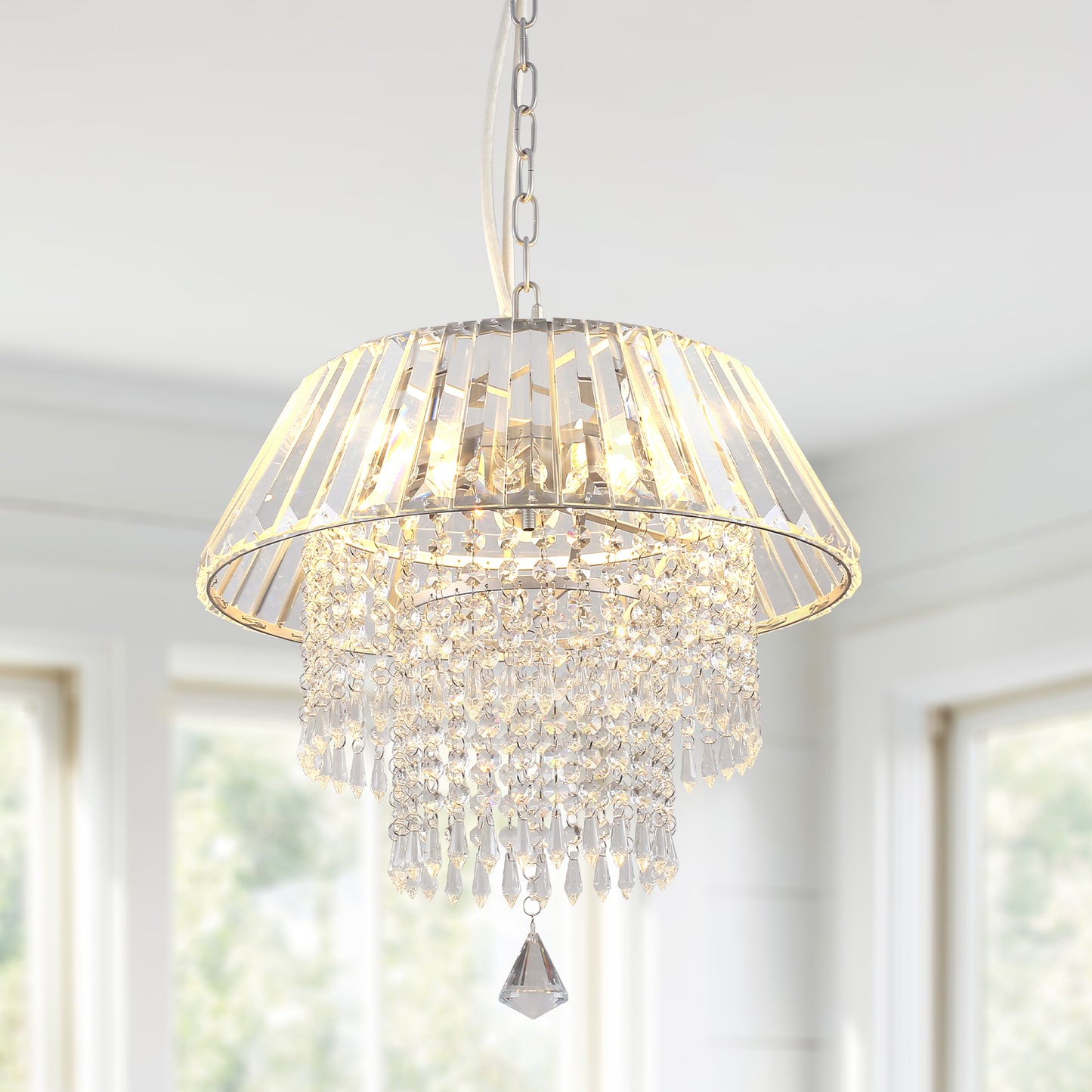 FC4112-3 Lights Crystal Chandelier, Height Adjustable Home Decoration Pendant Light, Kitchen Island Light