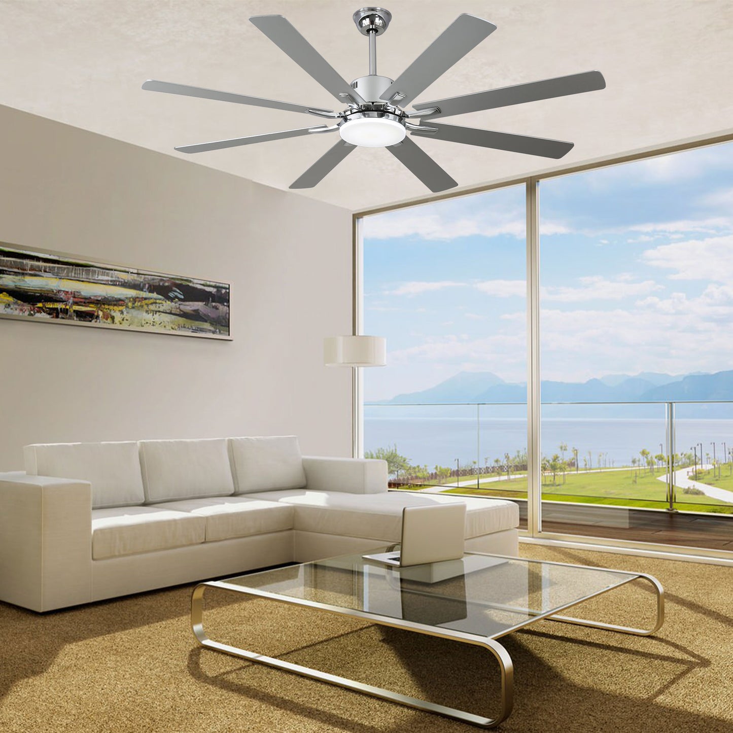 DC7203-72" 8 Blades Black/Silver Finish Modern Urban Reversible Ceiling Fan with Remote and LED Light Kit Included, Large Size Dimmable Ceiling Fan