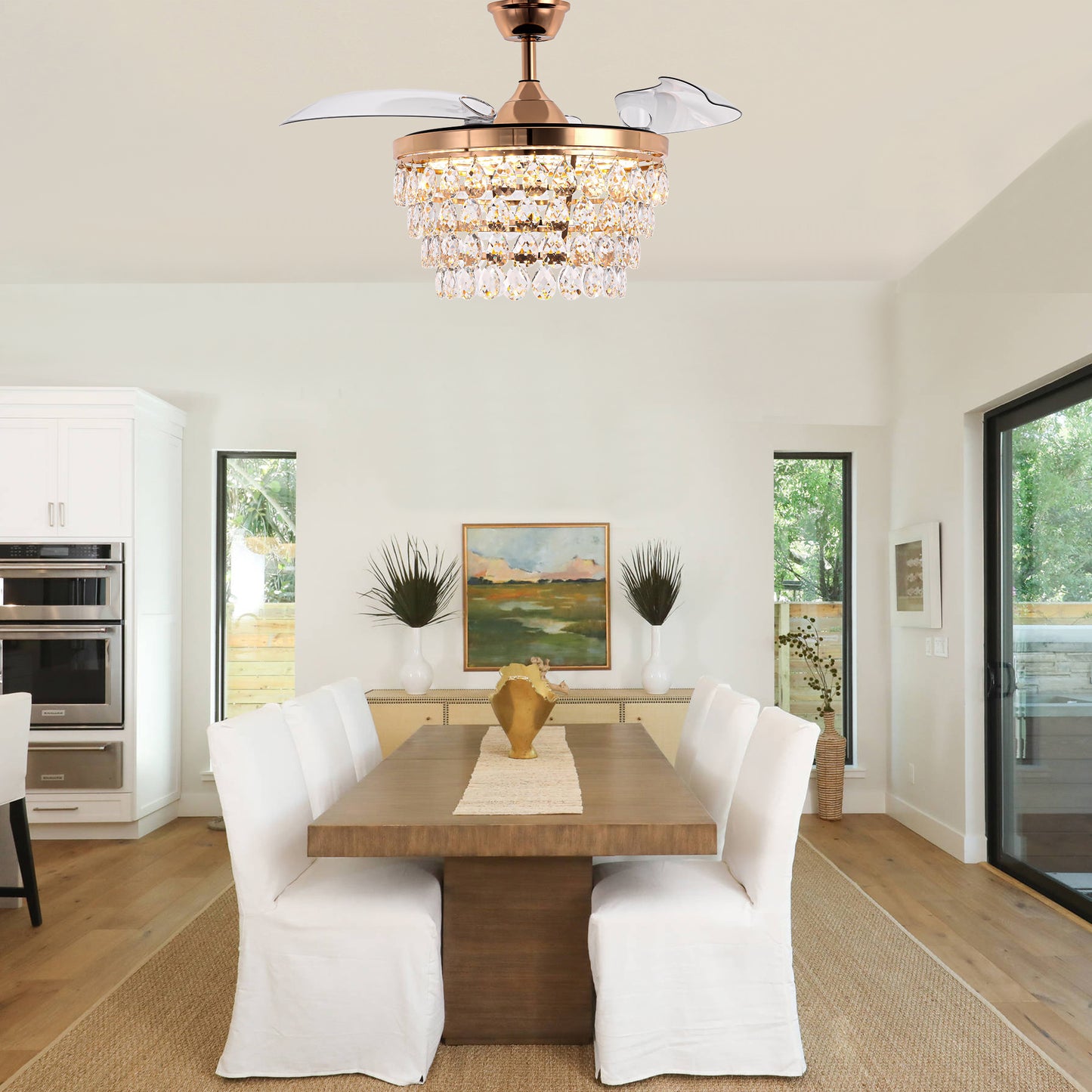 DC4270-BellaDepot 42" Silver or Gold Crystal Chandelier Ceiling Fan with Remote and Lights, Retractable Blades Ceiling Fan