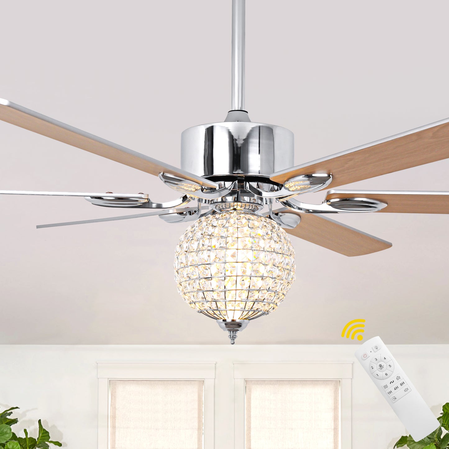 BellaDepot 65" Luxury Crystal Ball Chrome Large Size Ceiling Fan with Remote Control, Silent Motor 6 Speeds Straight Leaf Fan with LED Lights - DC6509
