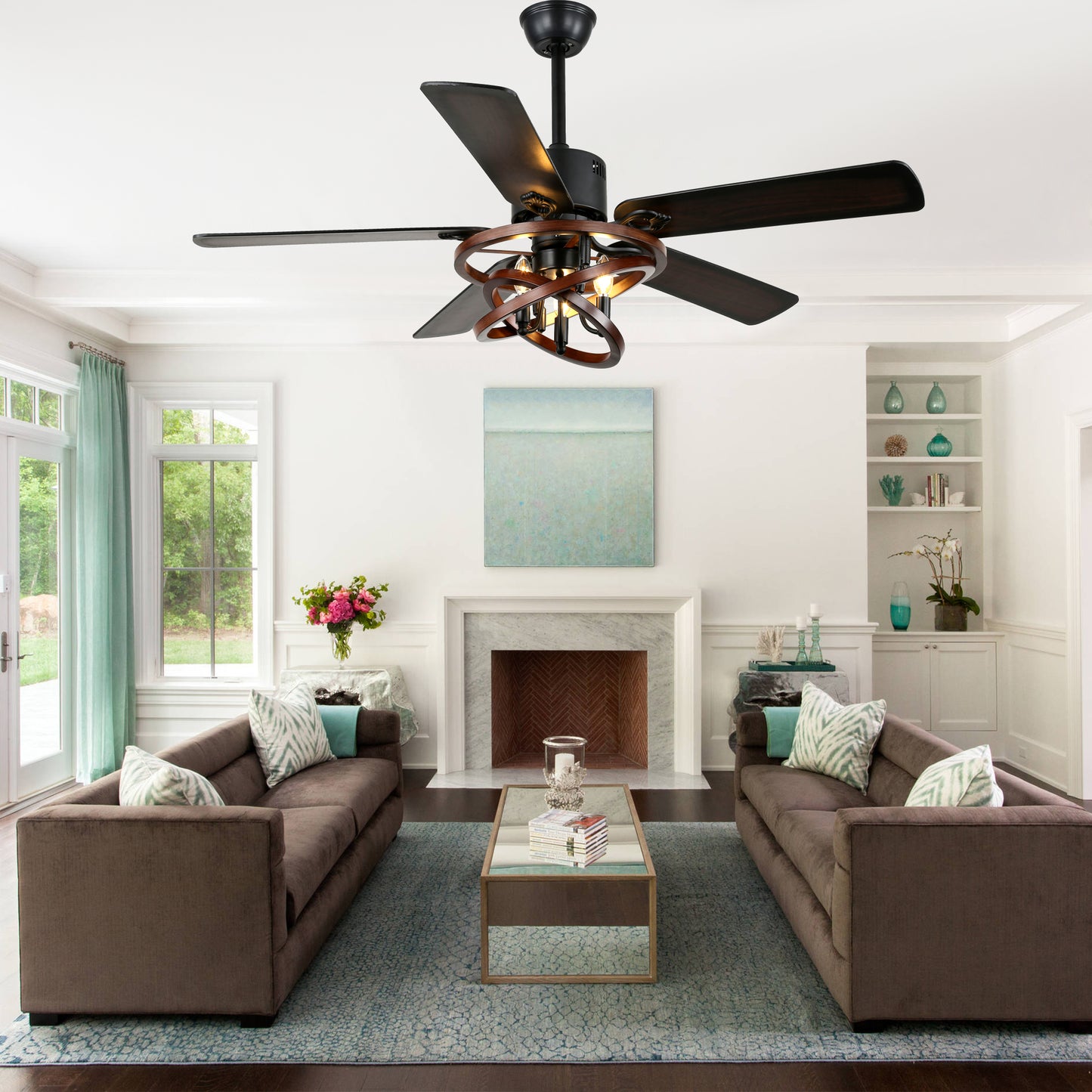 BellaDepot 52" Farmhouse Brown Ceiling Fan with Remote Control, 5 Blades Standard Ceiling Fan with Lights - DC5219