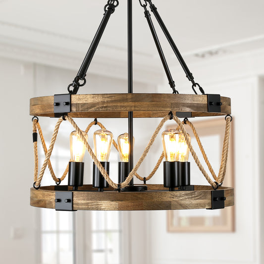 FC4116-BellaDepot 5 Lights Geometric Wood Chandelier, Height Adjustable Home Decoration Pendant Light