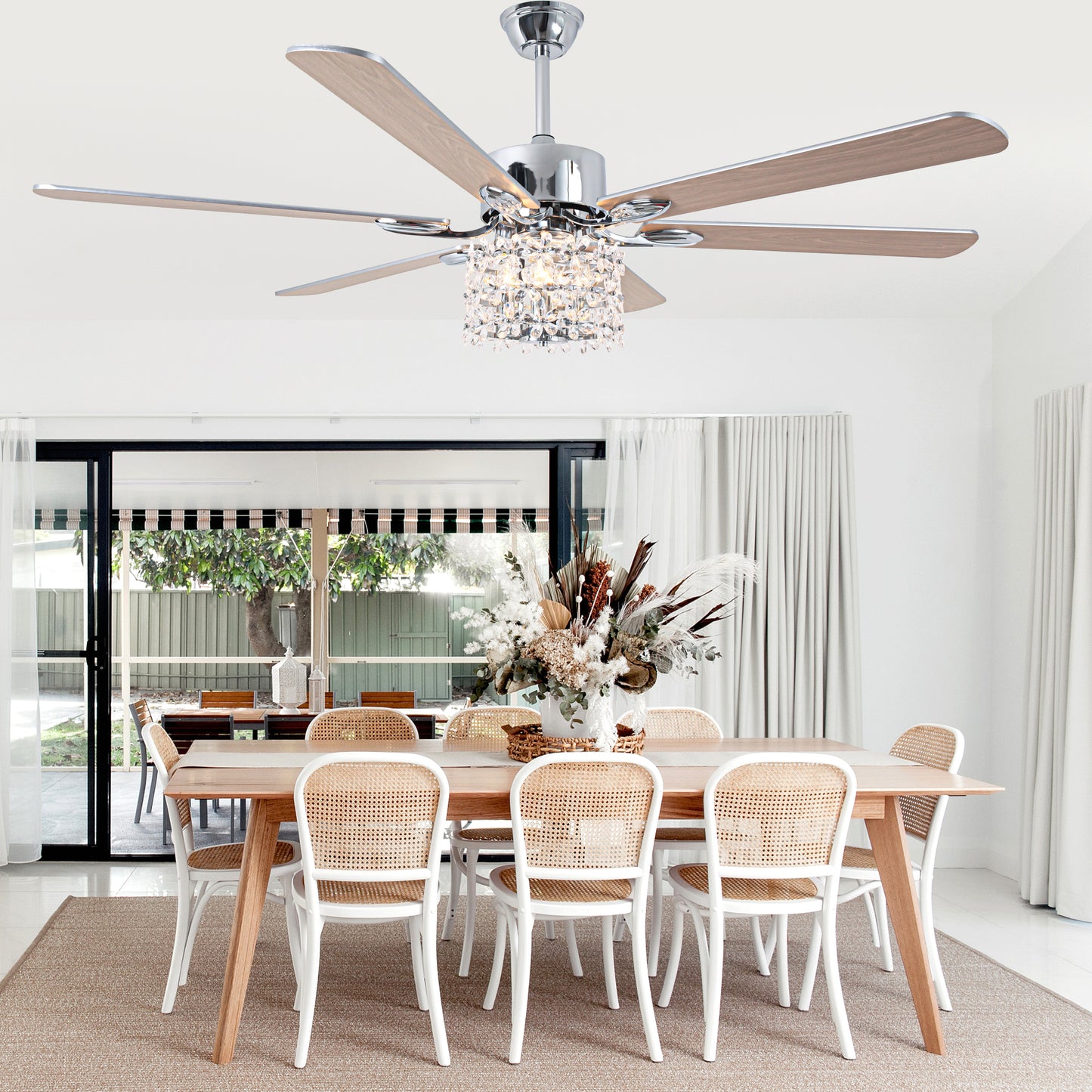BellaDepot 65" Luxury Crystal Shape Flower Caged Ceiling Fan with Remote Control and 3 Lights, Black or Silver Silent Straight Leaf Fan for All Seasons - DC6510-B/C