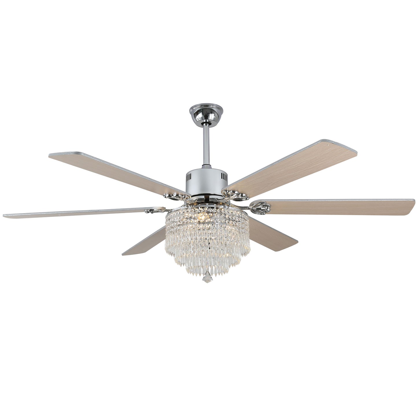 DC6502-65" Black/Silver Finish Metal Crystal Wooden Reversible Ceiling Fan with Remote and 3 Lights, Large Size Ceiling Fan