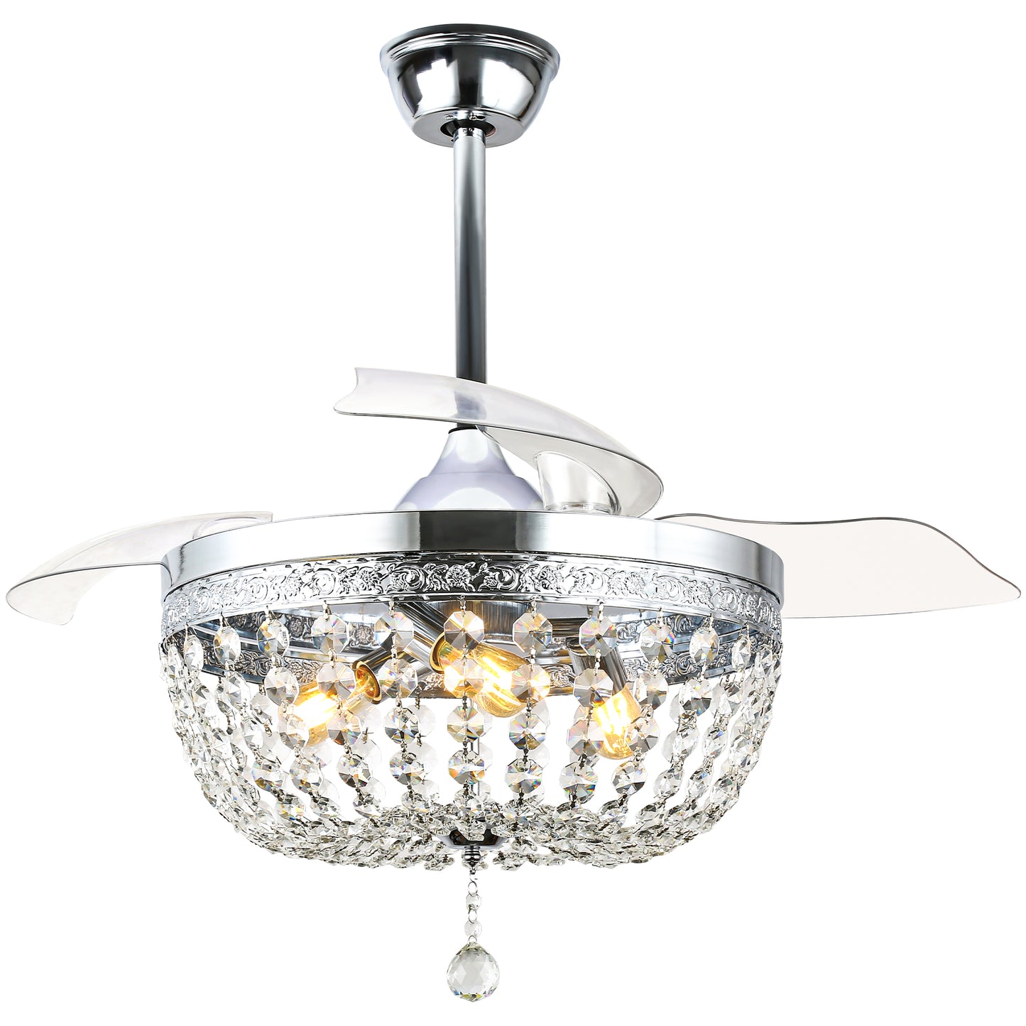BellaDepot 42" Retro Silver Crystal Chandelier Ceiling Fan with Invisible Blades and Remote Control, Retractable Ceiling Fan for Living Room- DC4269-C
