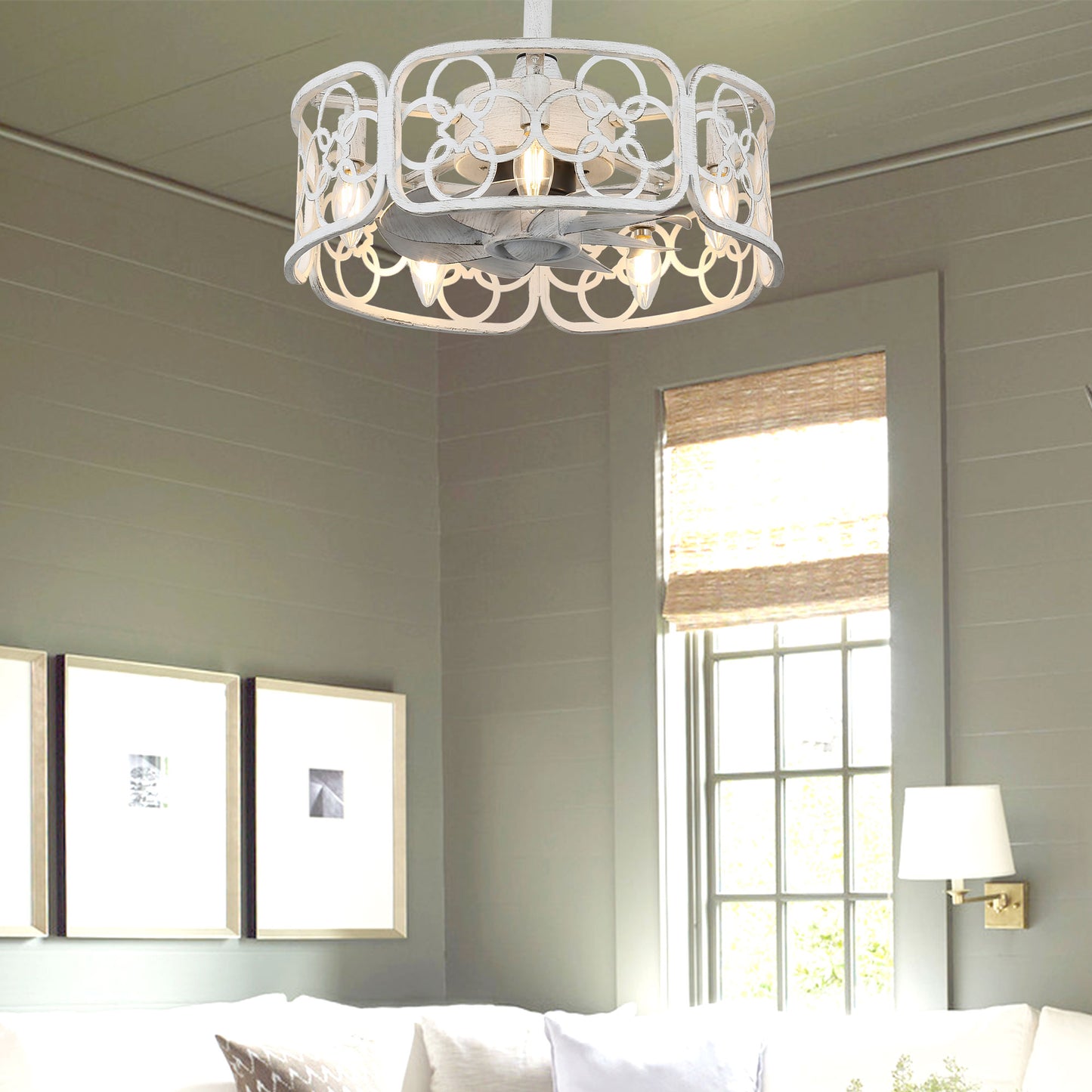 BD1814-BellaDepot 18.1" Farmhouse Distressed Metal Caged Reversible Ceiling Fan with Remote and 5 Lights