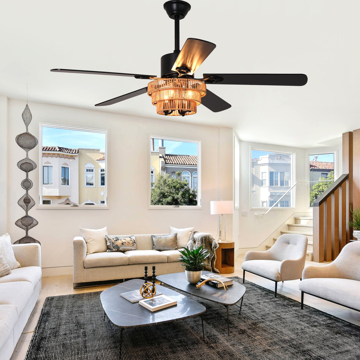 BellaDepot 52" Farmhouse Brown Rattan Caged Ceiling Fan with Remote Control, 5 Blades Standard Ceiling Fan with Lights - DC5221