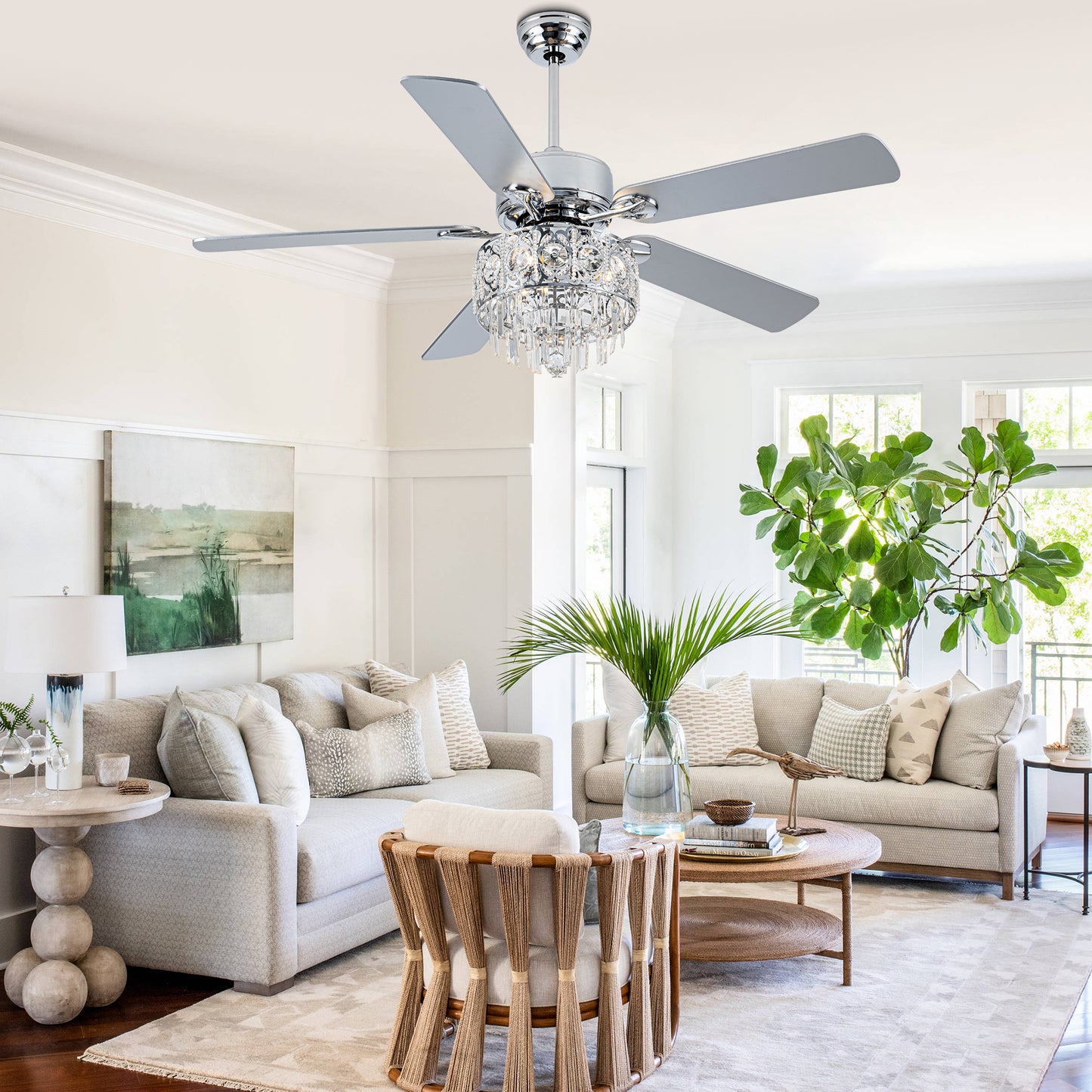BD2064-52" Silver Finish Deluxe Crystal Reversible Ceiling Fan with 3 Lights and Remote