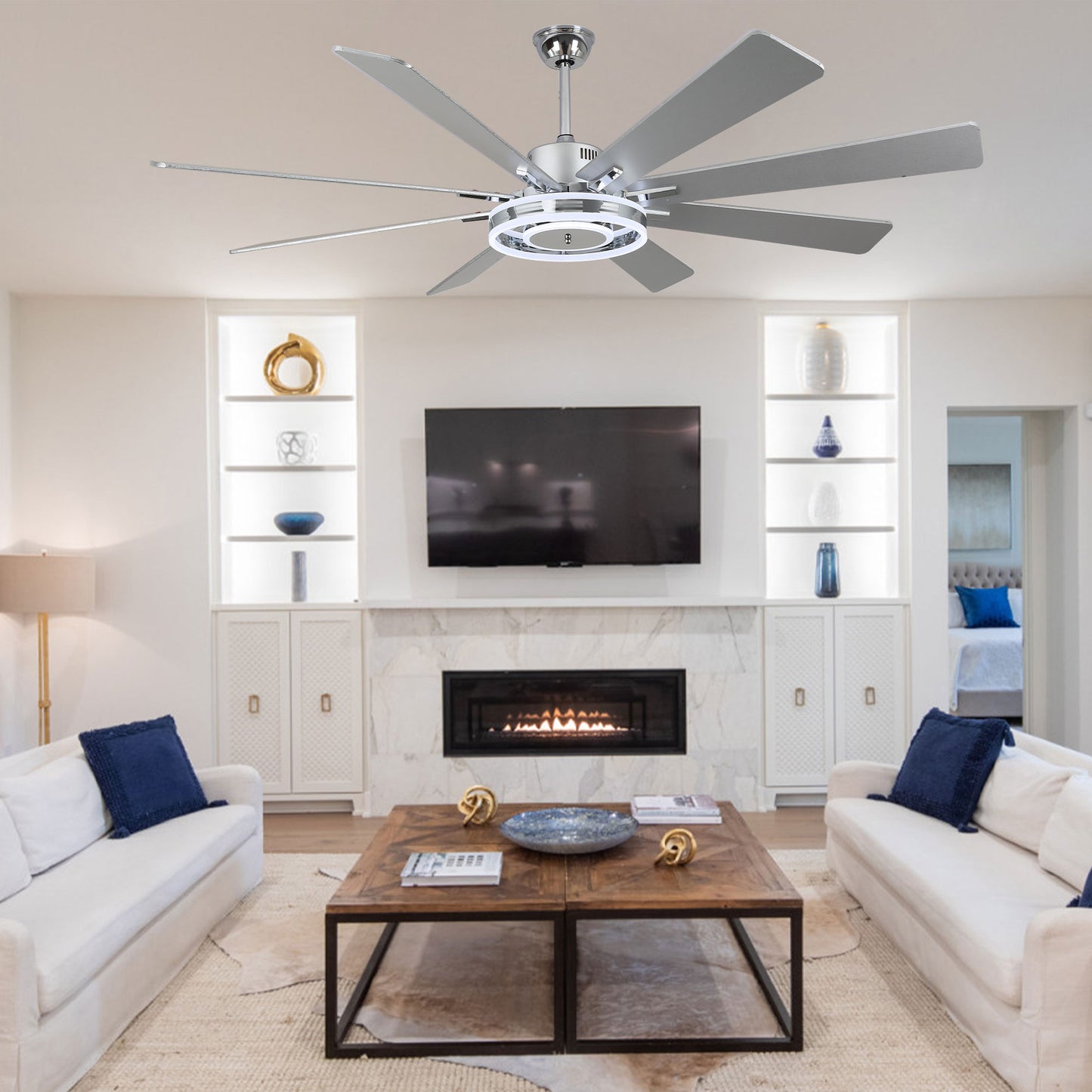 DC7202-BellaDepot 72" 8 Wooden Blades Gold/Black/Silver Finish Modern Urban Reversible Ceiling Fan with Remote and LED Light Kit Included, Large Size Dimmable Ceiling Fan