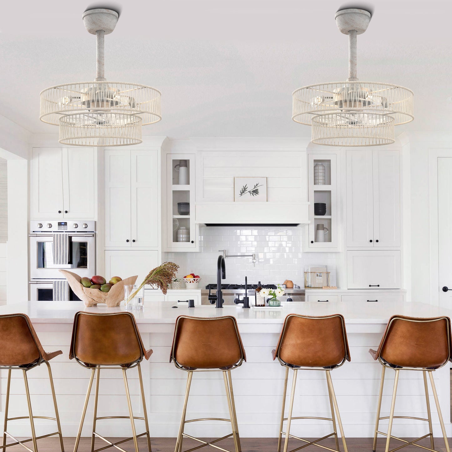 DC2030-BellaDepot 19.7" Hokkaido Distressed White Finish Simple Style Reversible Ceiling Fan with Remote and 4 Lights, 6-speed Bladeless Ceiling Fan