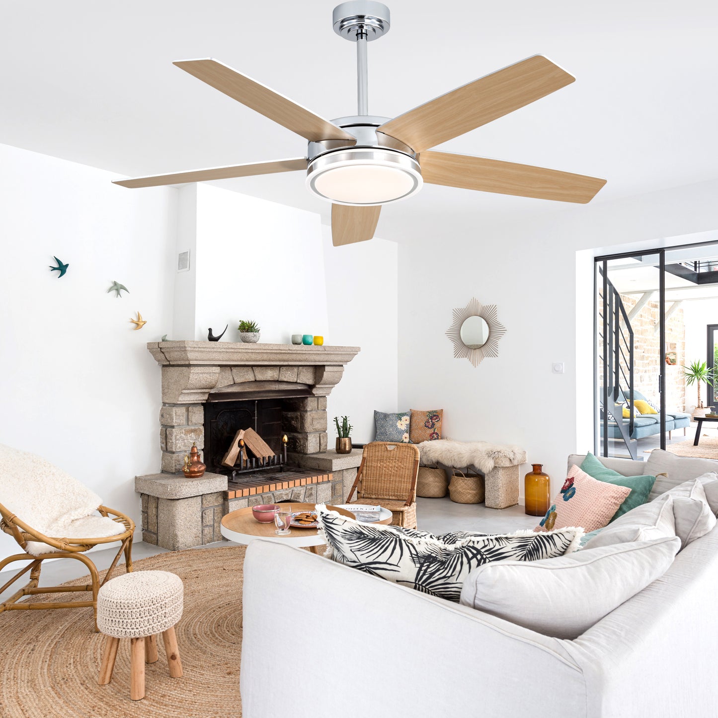 BellaDepot 52" Modern Contemporary Black or Chrome LED Ceiling Fan with Remote Control and Lights, Reversible 6 Speeds Ceiling Fan for All Seasons - DC5225-B/C