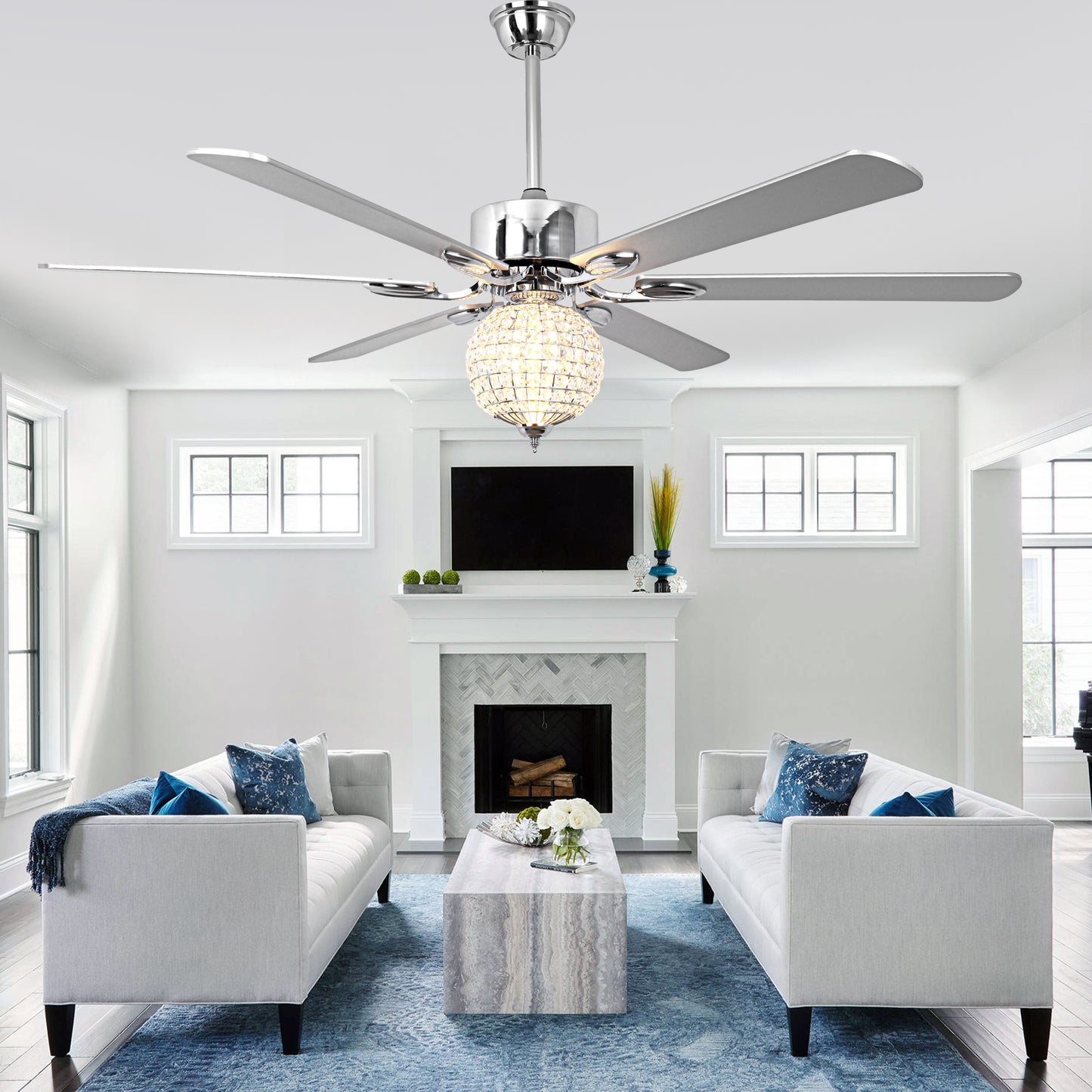 BellaDepot 65" Luxury Crystal Ball Chrome Large Size Ceiling Fan with Remote Control, Silent Motor 6 Speeds Straight Leaf Fan with LED Lights - DC6509